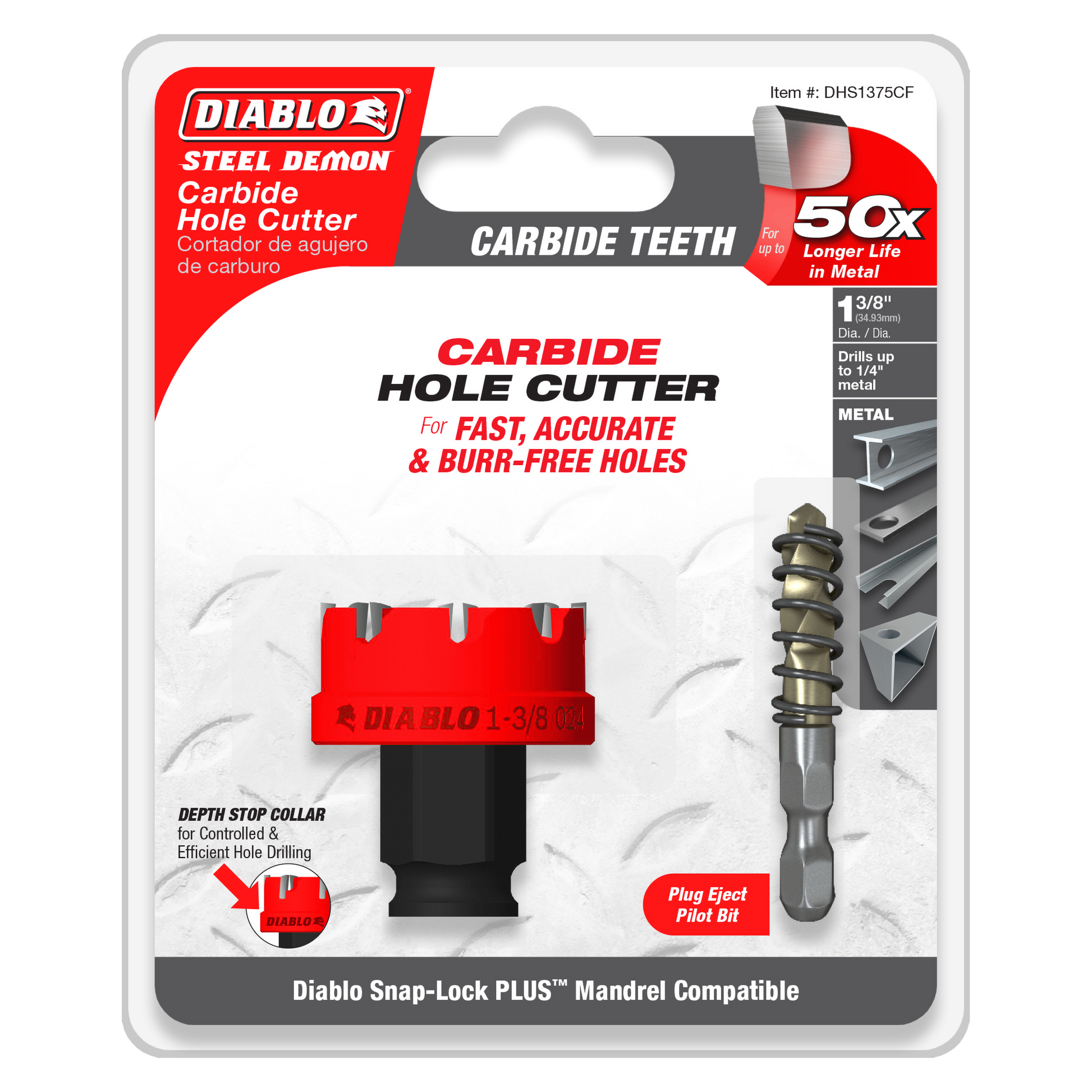 Red and black 1-3/8 inch carbide hole cutter with depth stop collar and plug eject pilot bit on packaging.