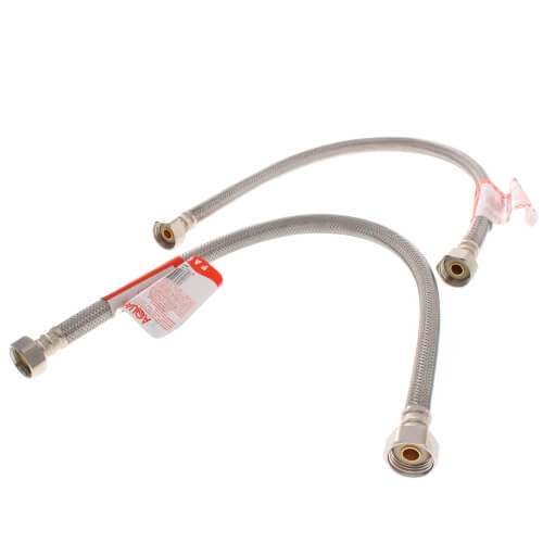 Flexible braided supply hoses with brass fittings and red shut-off valve for hot water system installation.