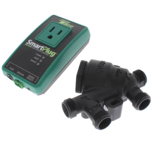 Taco SmartPlug control unit with green and black casing next to black plastic valve manifold with threaded ports.