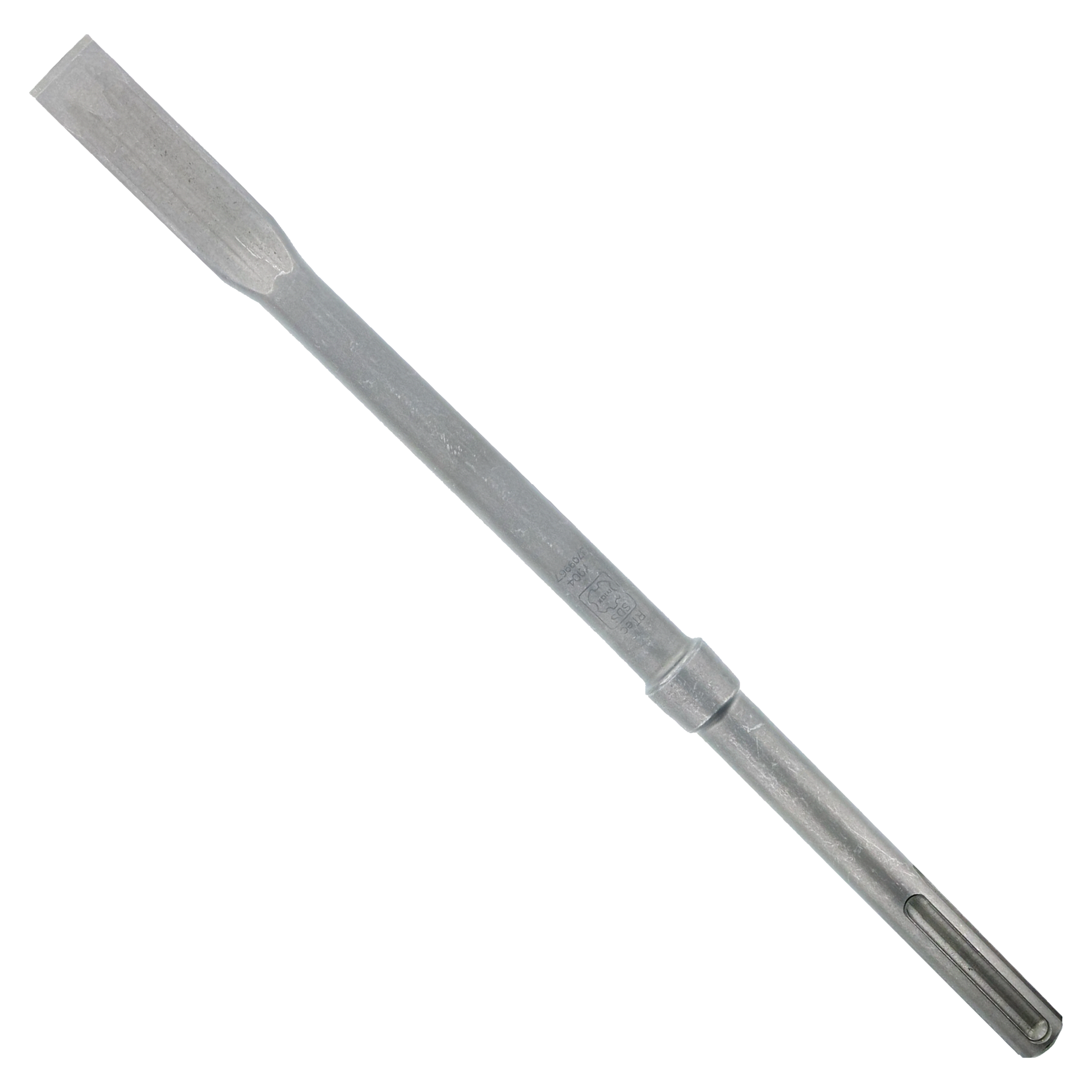 Steel flat chisel with SDS-Max shank, 1 inch wide blade and tapered shaft.