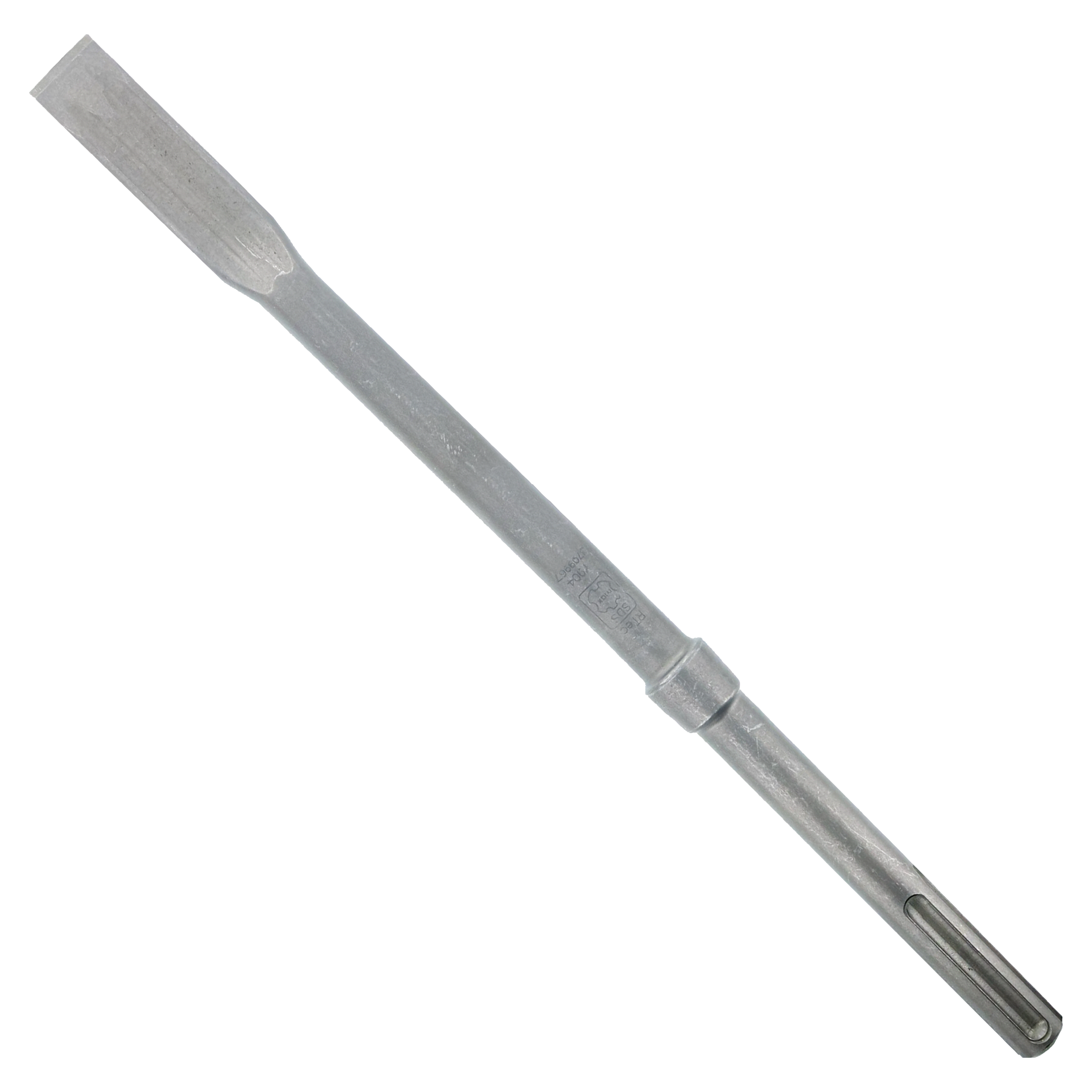 Steel flat chisel with SDS-Max shank, 1 inch wide blade and tapered shaft.