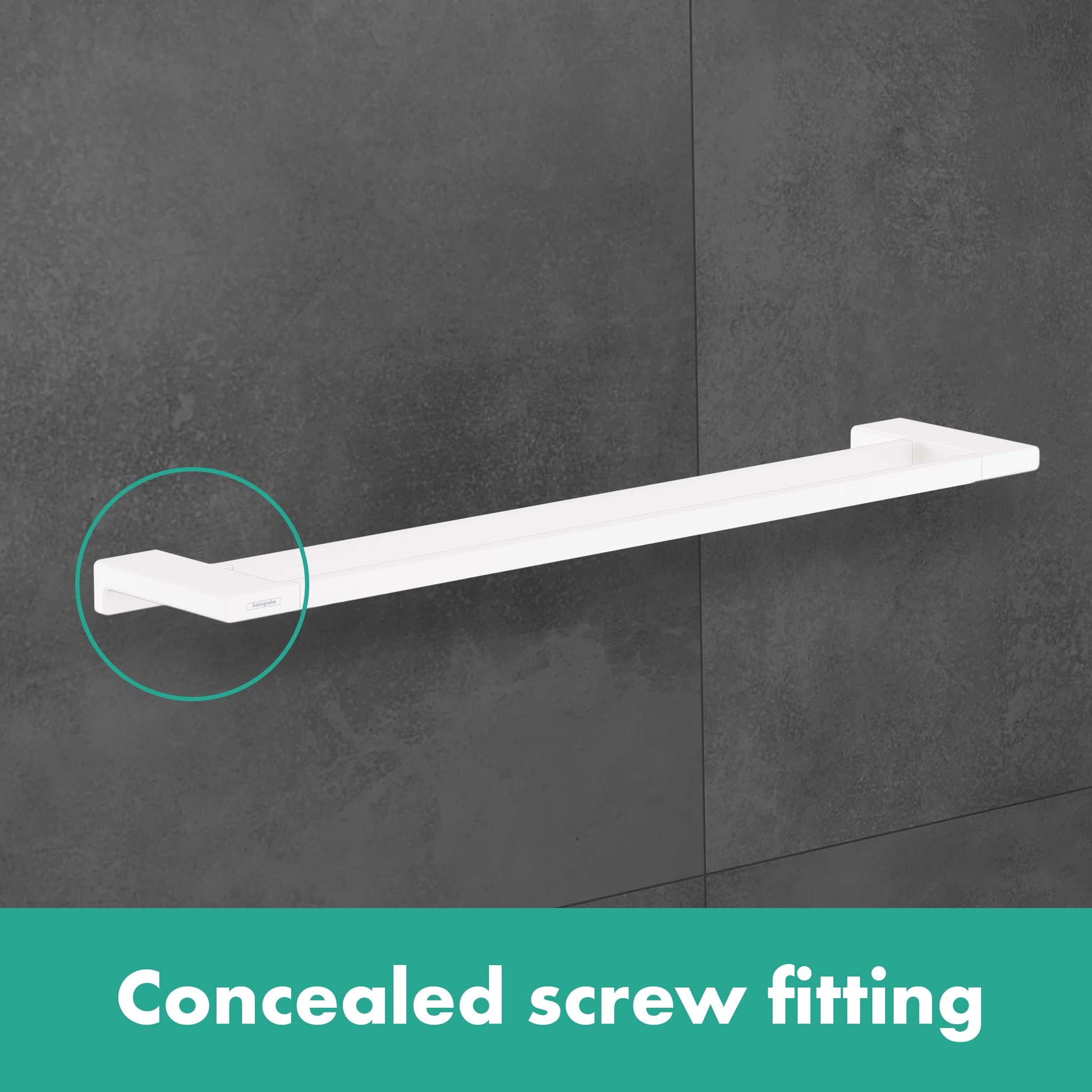Brushed bronze double towel bar with white finish mounted horizontally on gray tile wall.