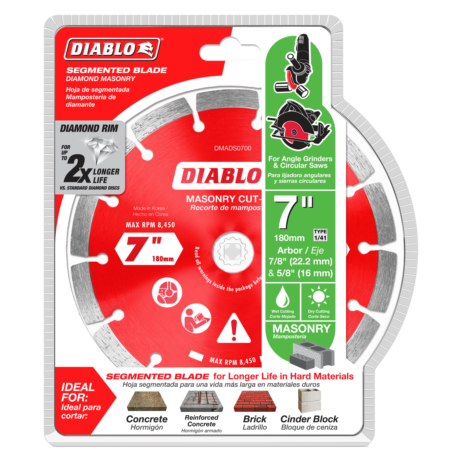 Diablo 7 inch diamond segmented masonry cut-off blade with red and gray packaging showing specifications and material applica