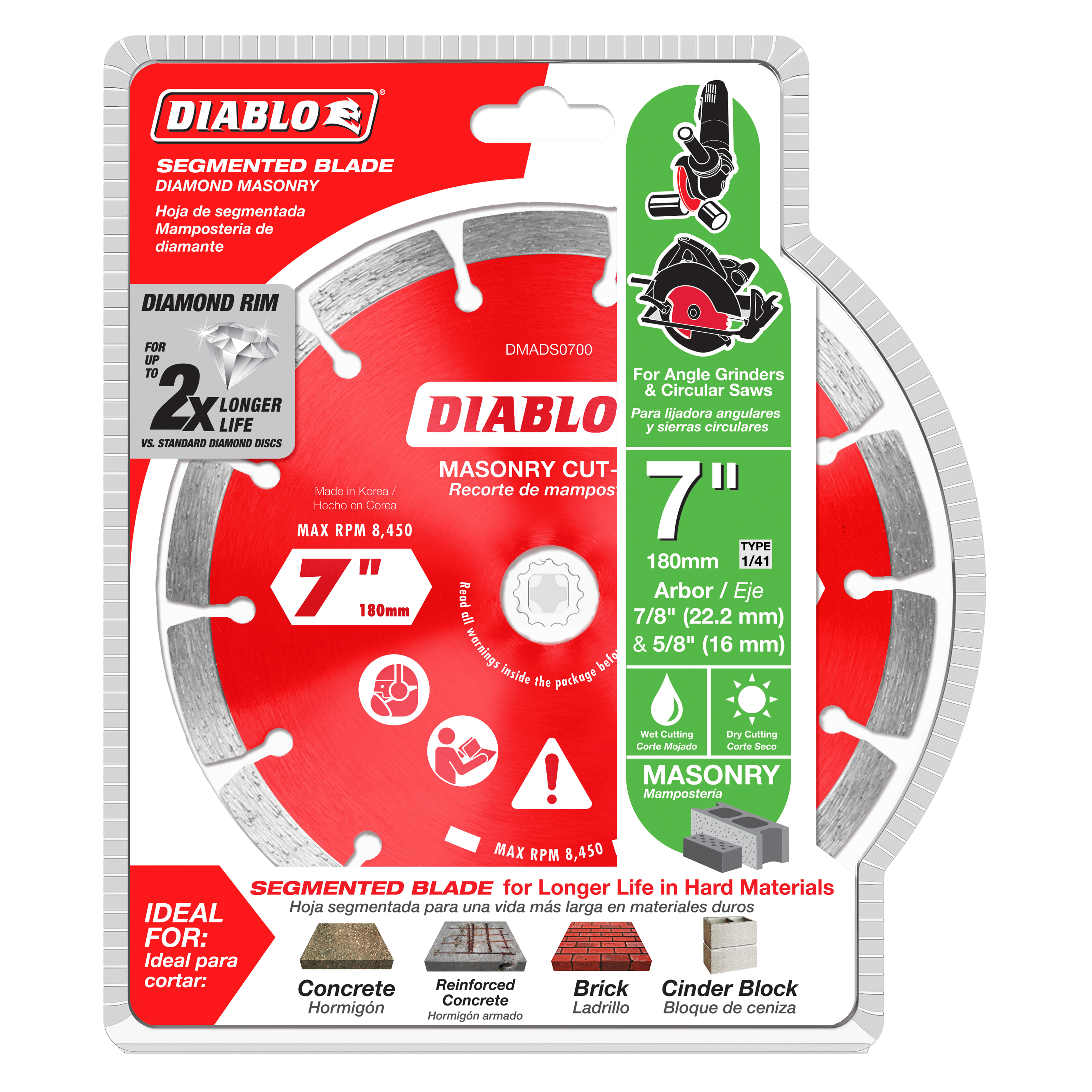 Diablo 7 inch diamond segmented masonry cut-off blade with red and gray packaging showing specifications and material applica
