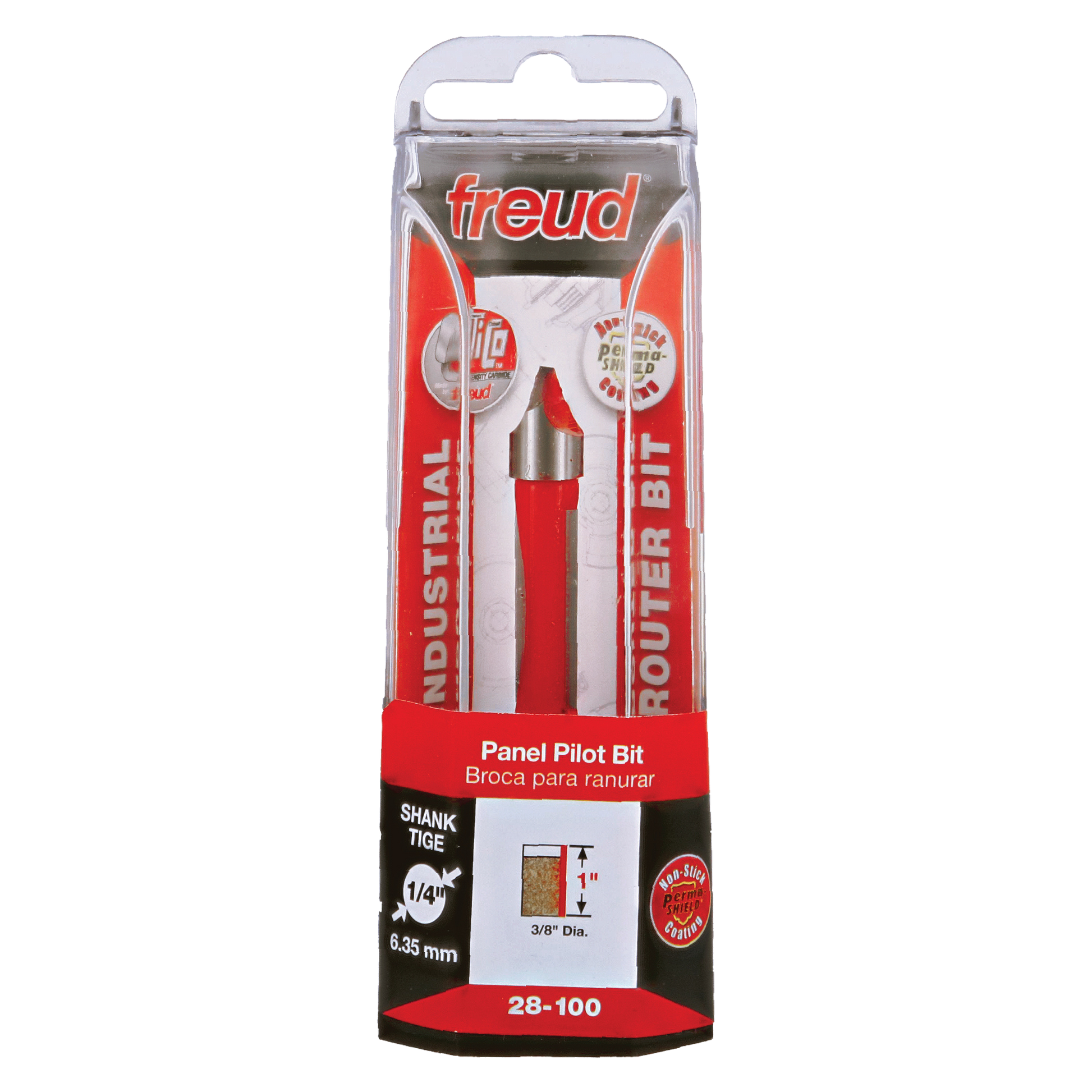 Freud 28-100 panel pilot bit with red handle and metal tip in clear plastic blister packaging.