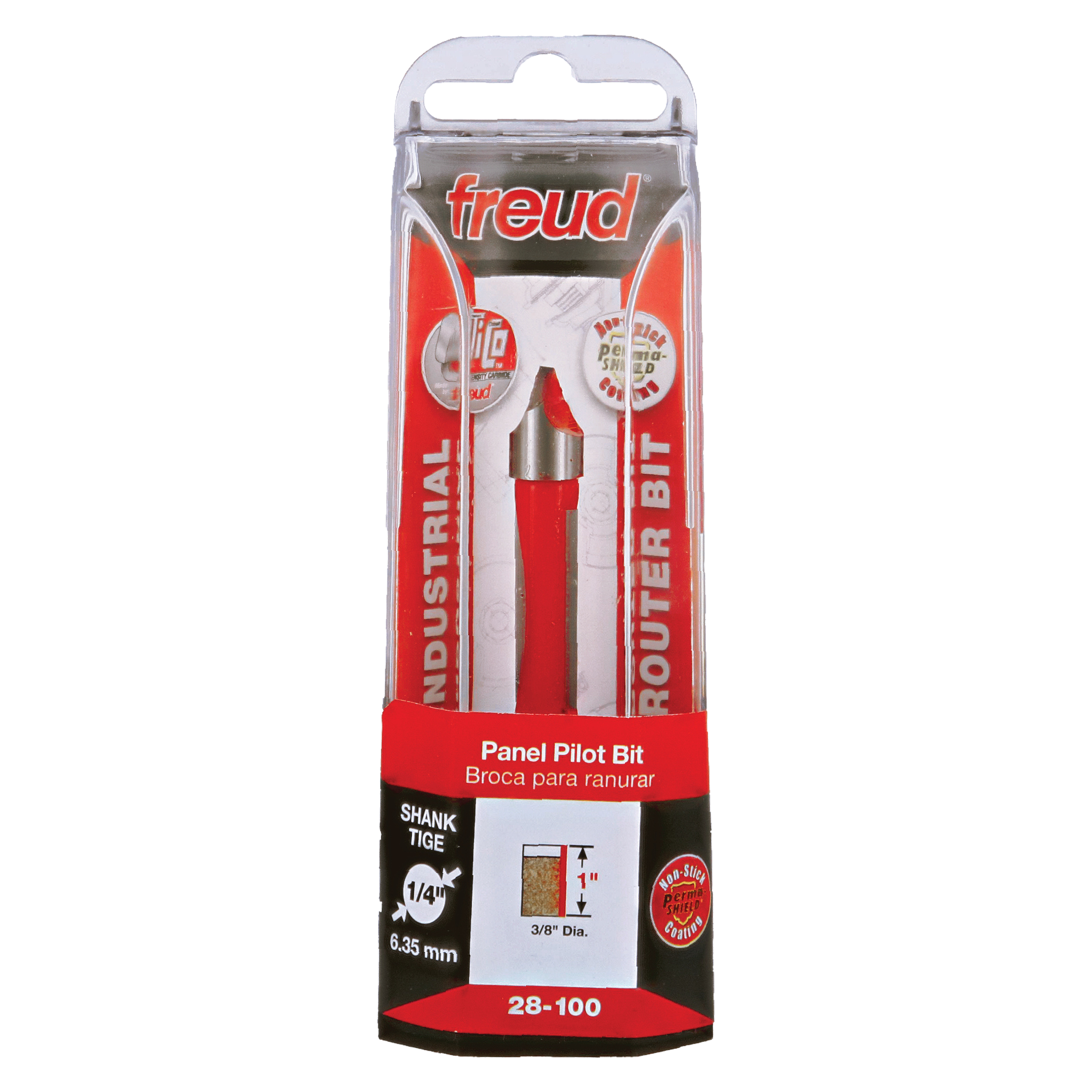 Freud 28-100 panel pilot bit with red handle and metal tip in clear plastic blister packaging.