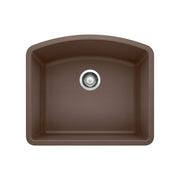 Cafe brown single bowl undermount kitchen sink with rounded corners and chrome drain strainer viewed from above.