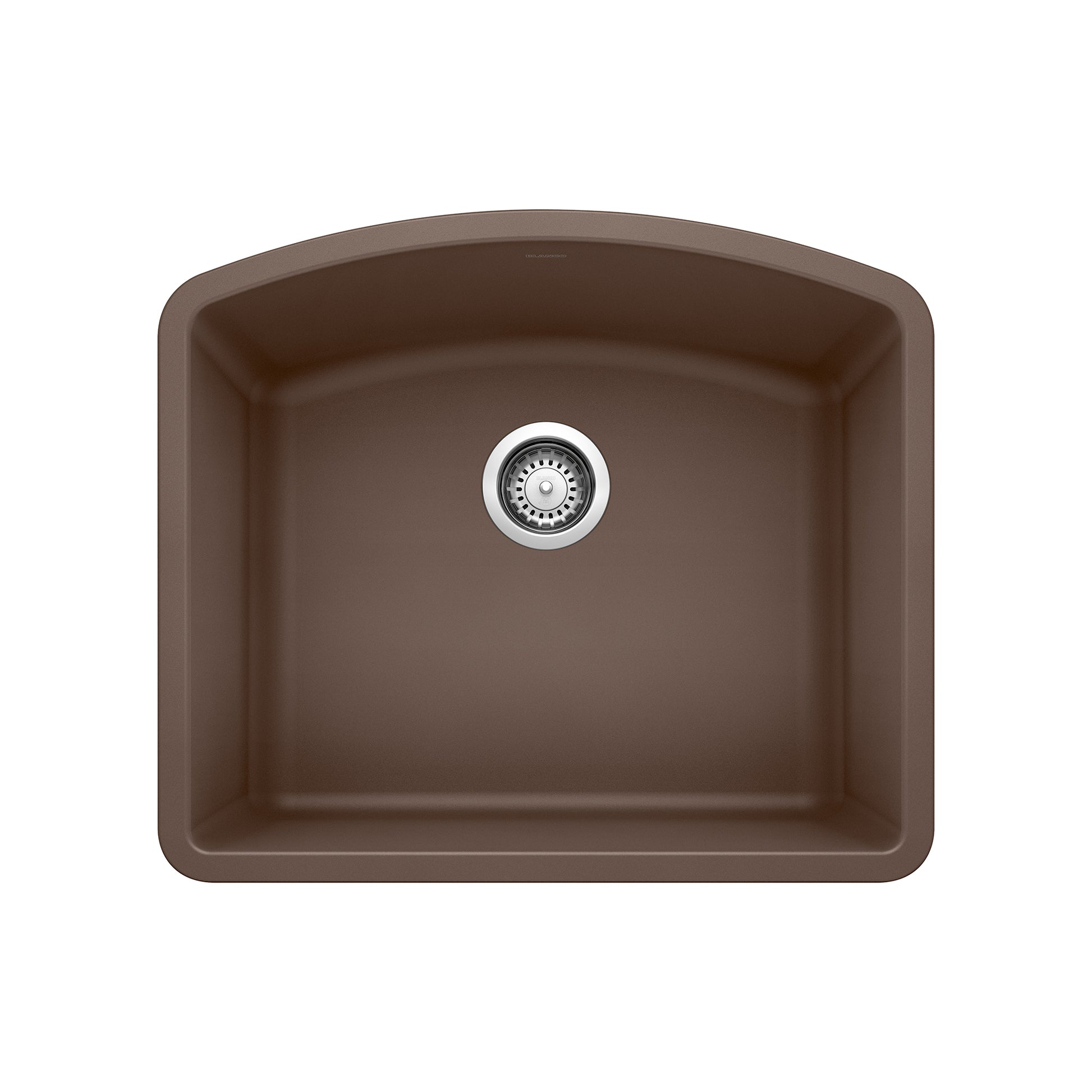 Cafe brown single bowl undermount kitchen sink with rounded corners and chrome drain strainer viewed from above.