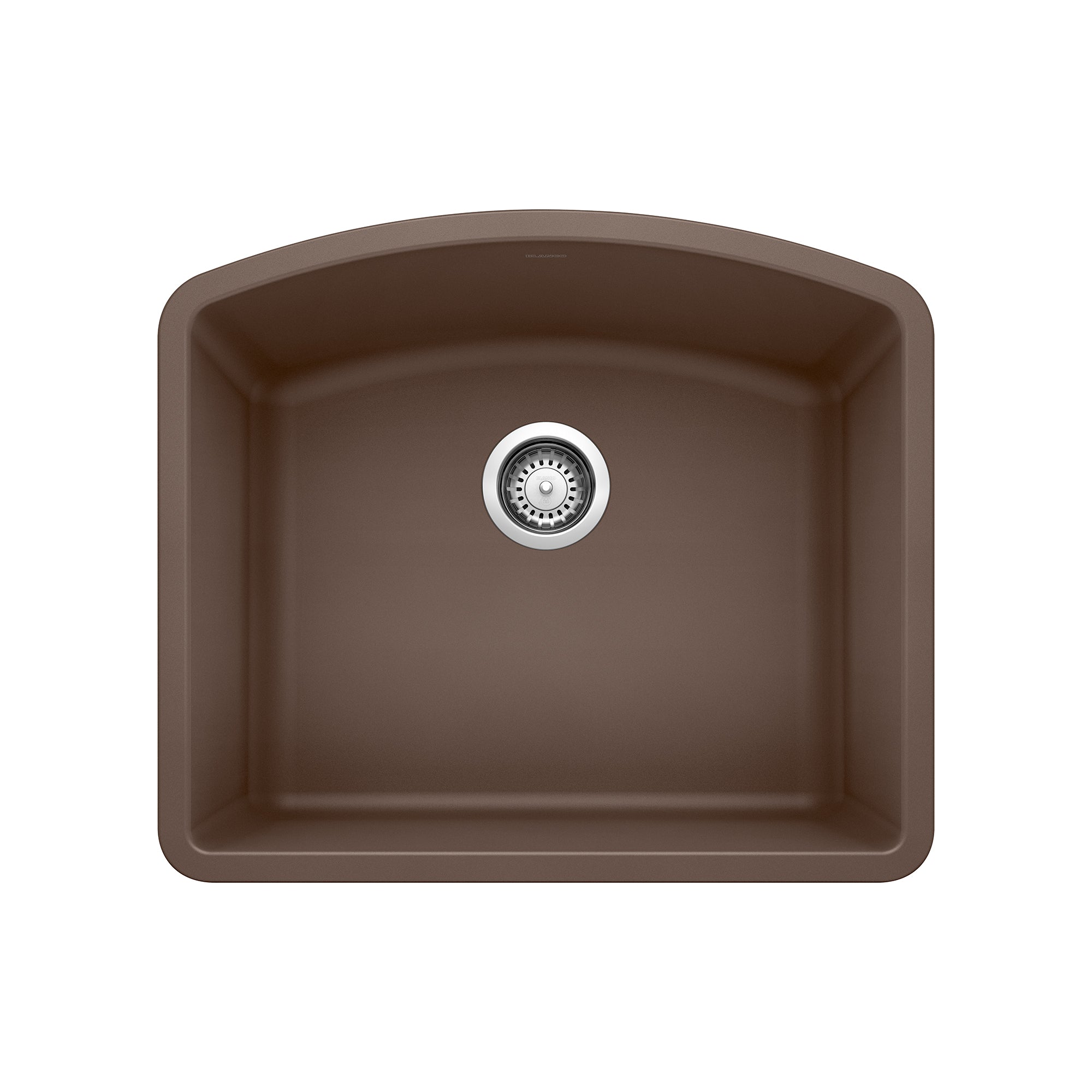 Cafe brown single bowl undermount kitchen sink with rounded corners and chrome drain strainer viewed from above.