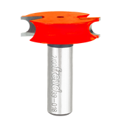 Red and gray canoe joint router bit with rounded cutting edges and metal shank labeled Freud.