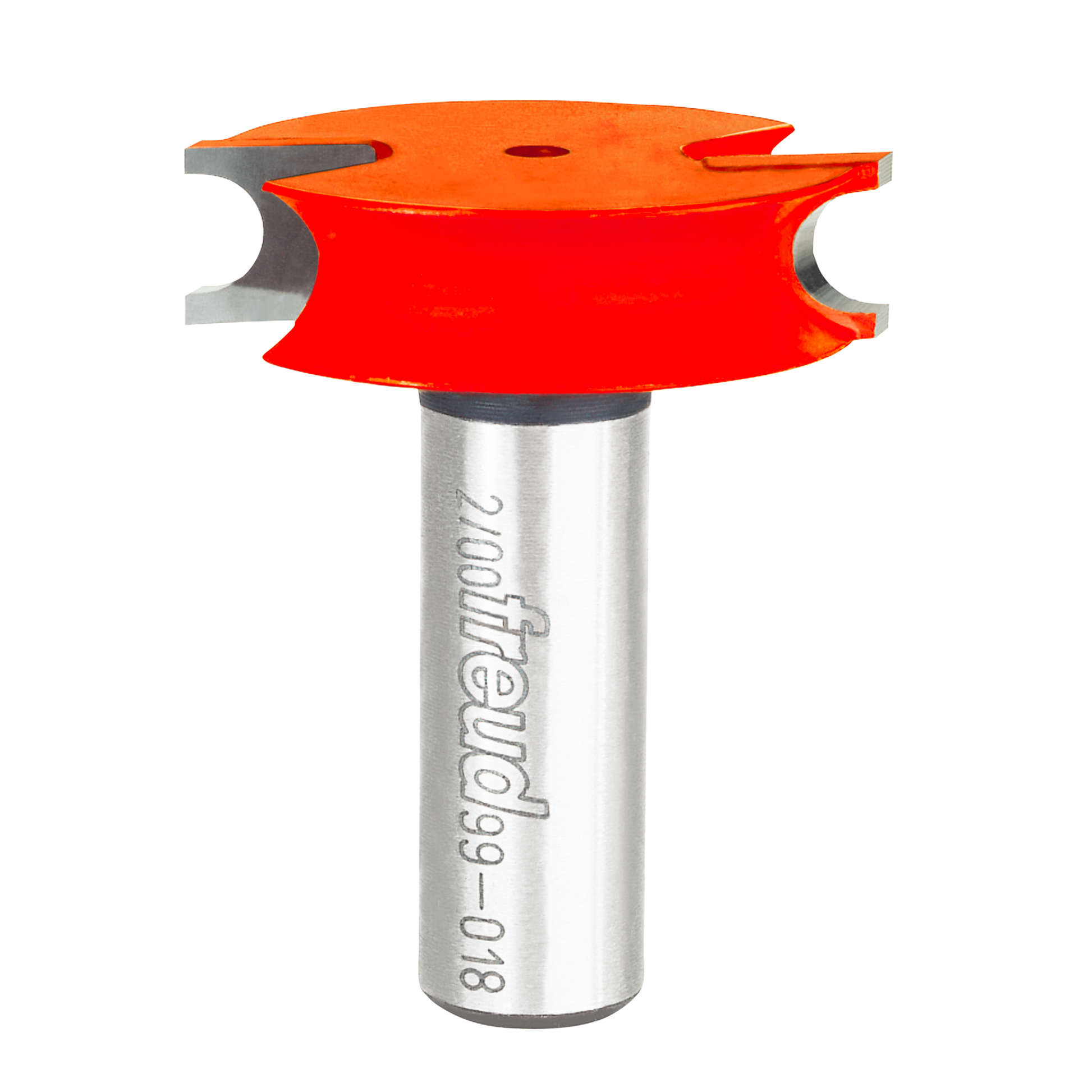Red and gray canoe joint router bit with rounded cutting edges and metal shank labeled Freud.
