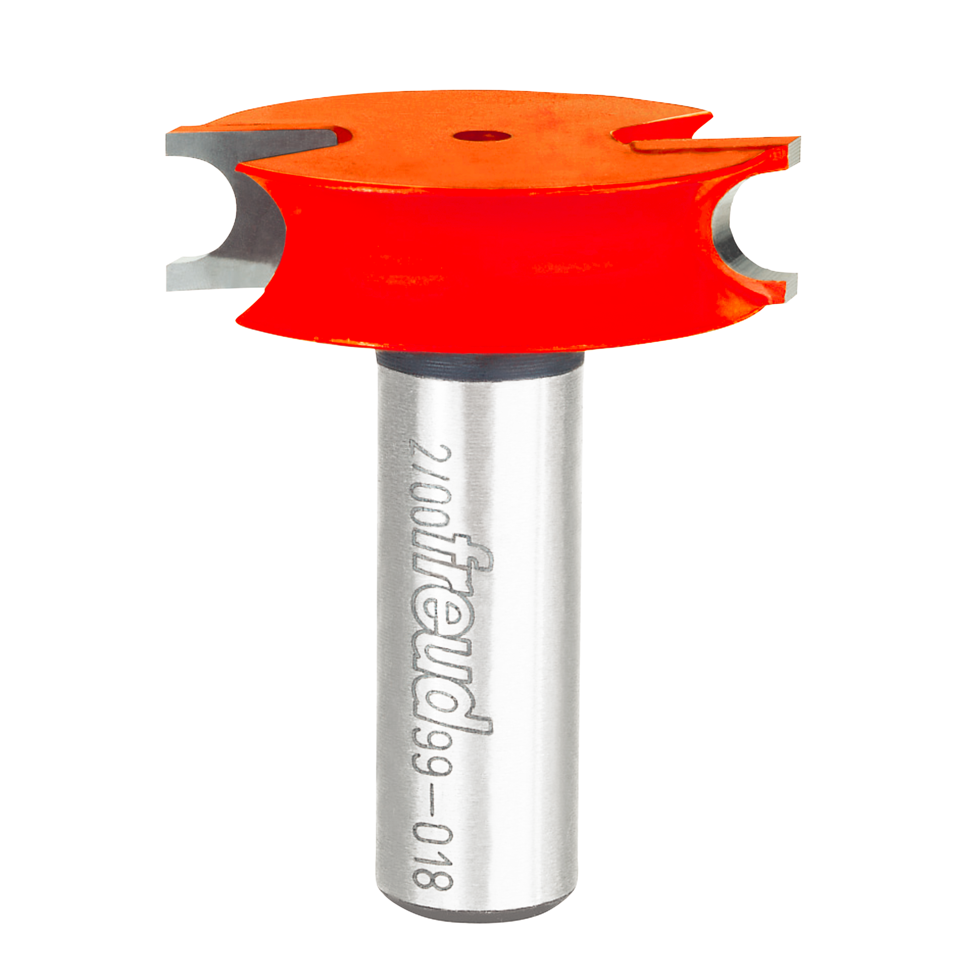 Red and gray canoe joint router bit with rounded cutting edges and metal shank labeled Freud.