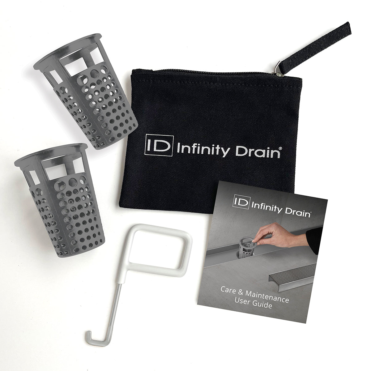 Hair maintenance kit containing two perforated baskets, tool, white removal hook, black storage pouch, and care guide.