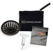 Black drain strainer basket, white cleaning tool, black carry pouch, and care guide included in maintenance kit.