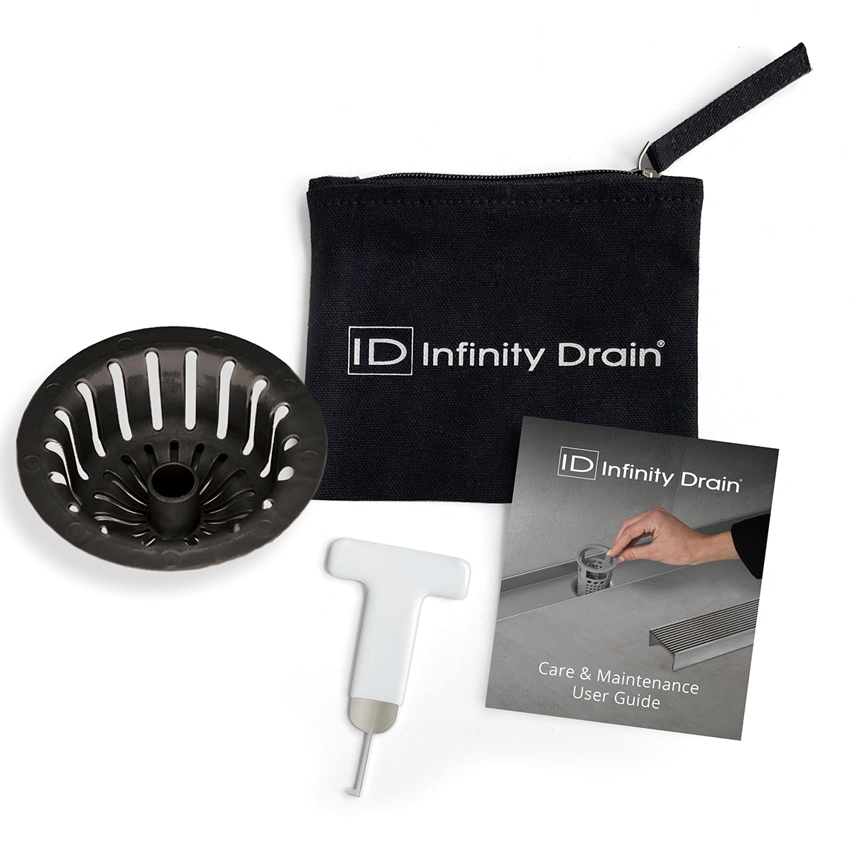 Black drain strainer basket, white cleaning tool, black carry pouch, and care guide included in maintenance kit.