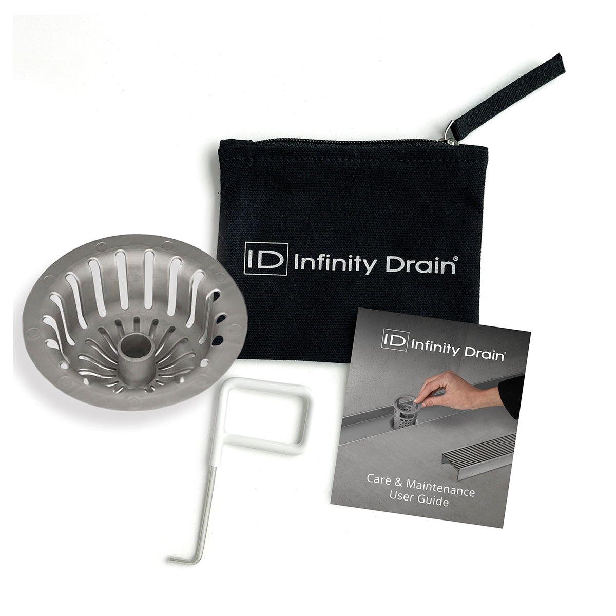 Infinity Drain maintenance kit containing stainless steel strainer basket, white tool, black carrying pouch, and care guide.