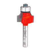 Red and silver router bit with rounded cutting head and bearing guide for edge profiling.