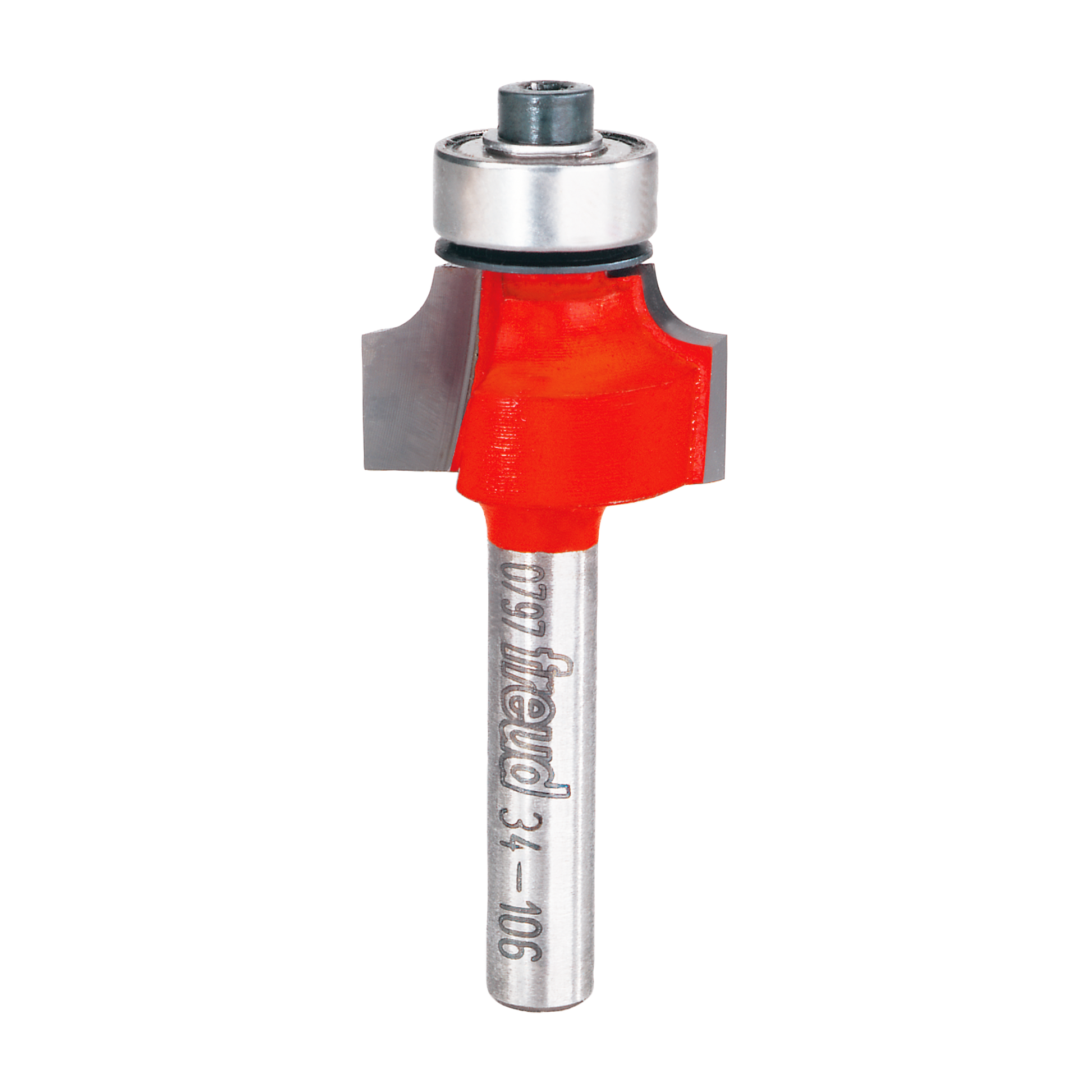 Red and silver router bit with rounded cutting head and bearing guide for edge profiling.