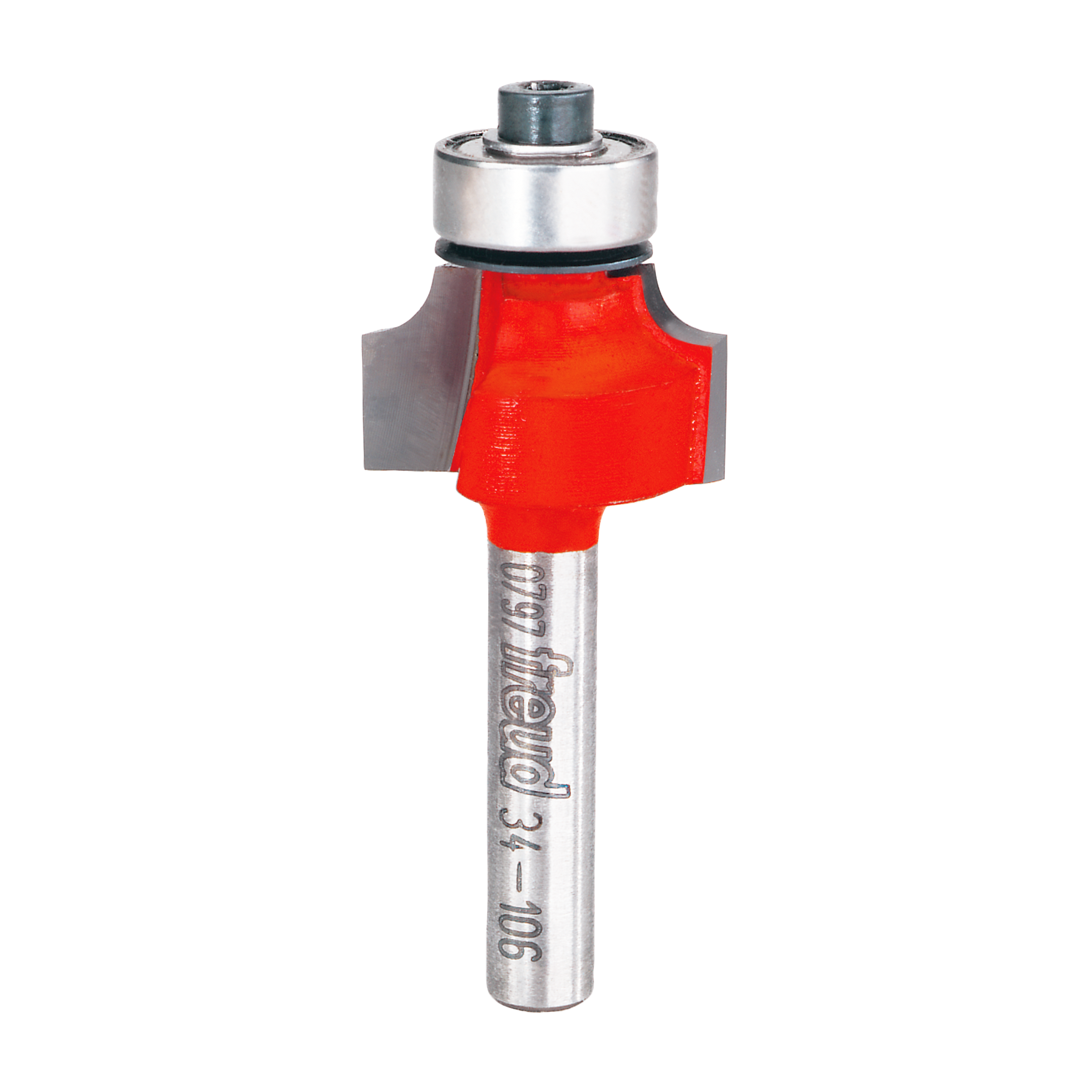Red and silver router bit with rounded cutting head and bearing guide for edge profiling.