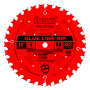 Red circular saw blade with 30 teeth, silver tips, white center hole, and black labeling for glue line rip cutting.