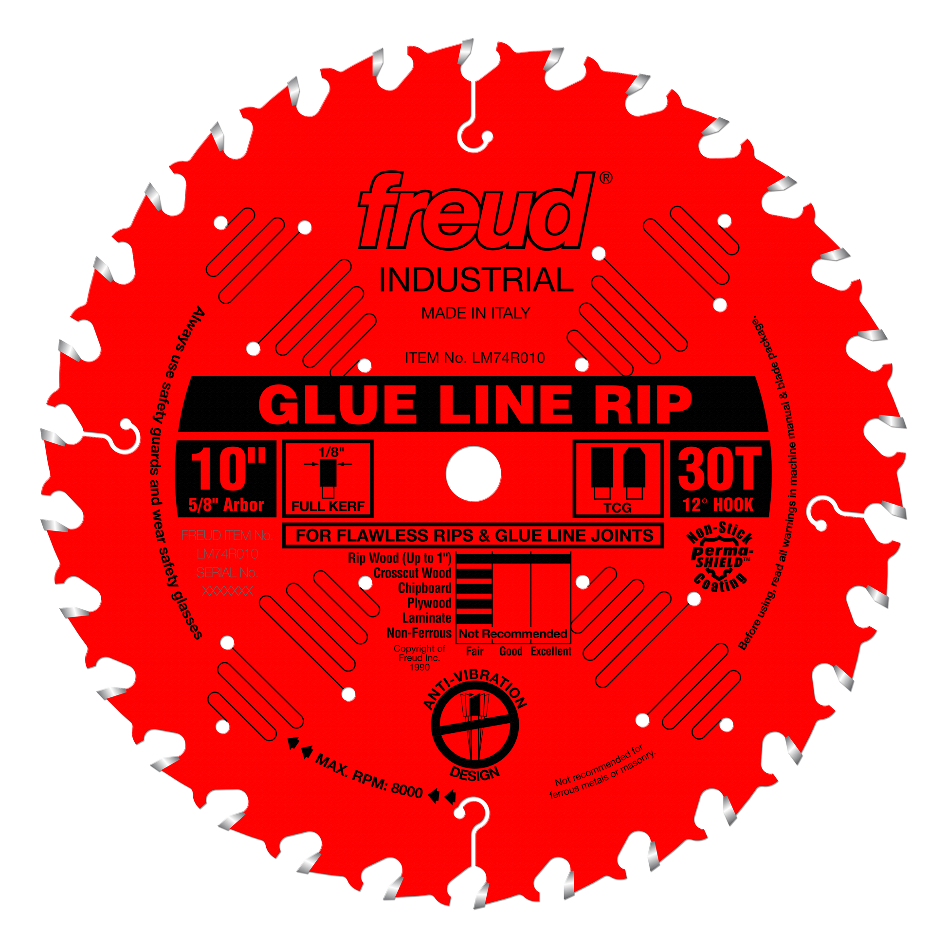 Red circular saw blade with 30 teeth, silver tips, white center hole, and black labeling for glue line rip cutting.
