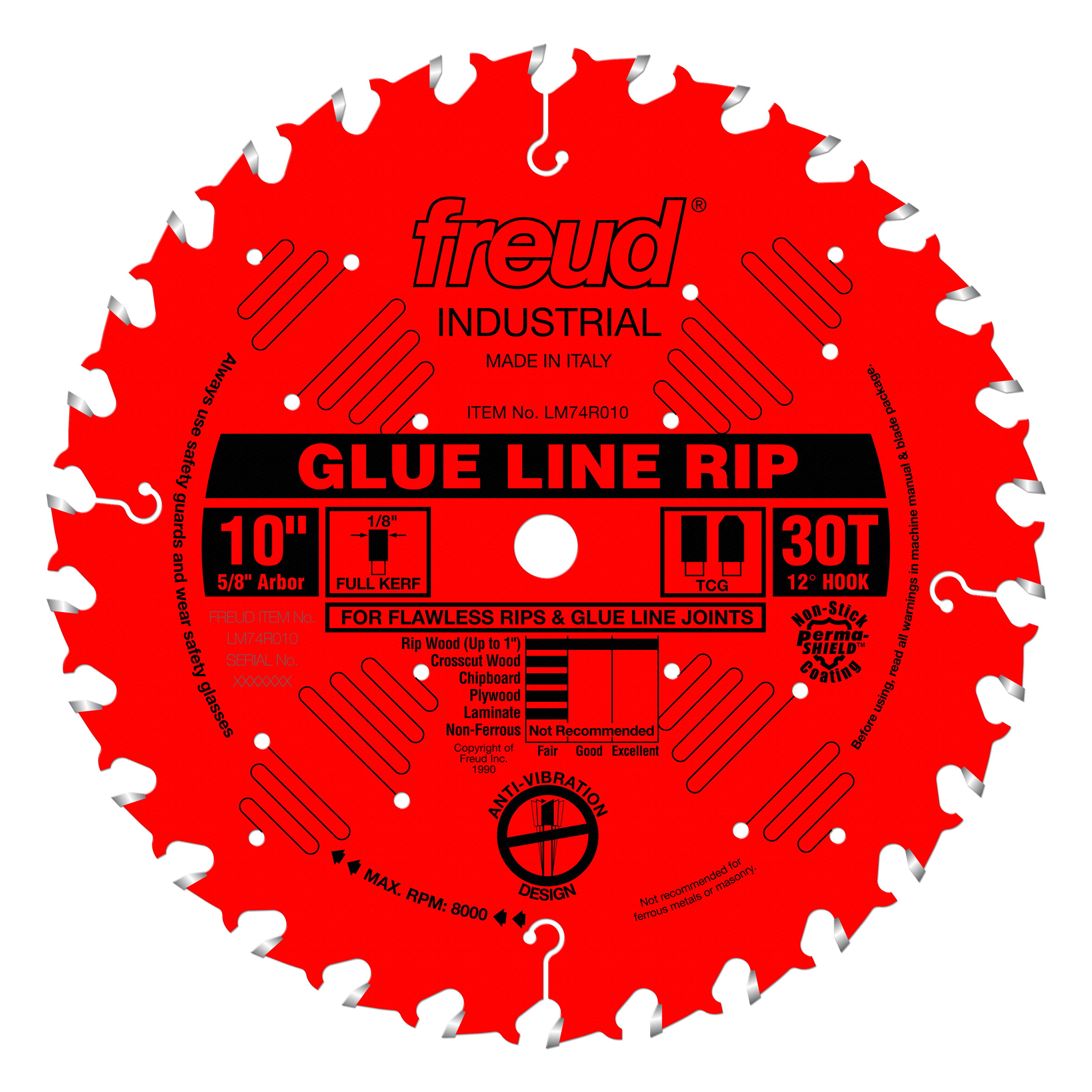 Red circular saw blade with 30 teeth, silver tips, white center hole, and black labeling for glue line rip cutting.