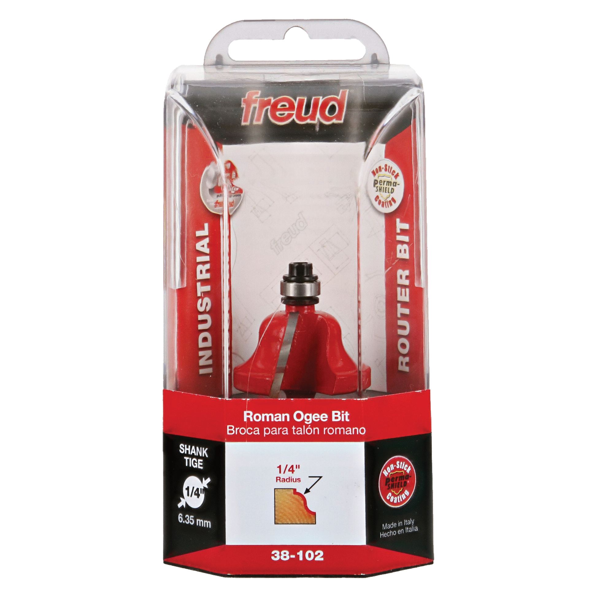 Freud 38-102 Roman Ogee router bit with red body, 1/4" shank, in clear plastic clamshell packaging.