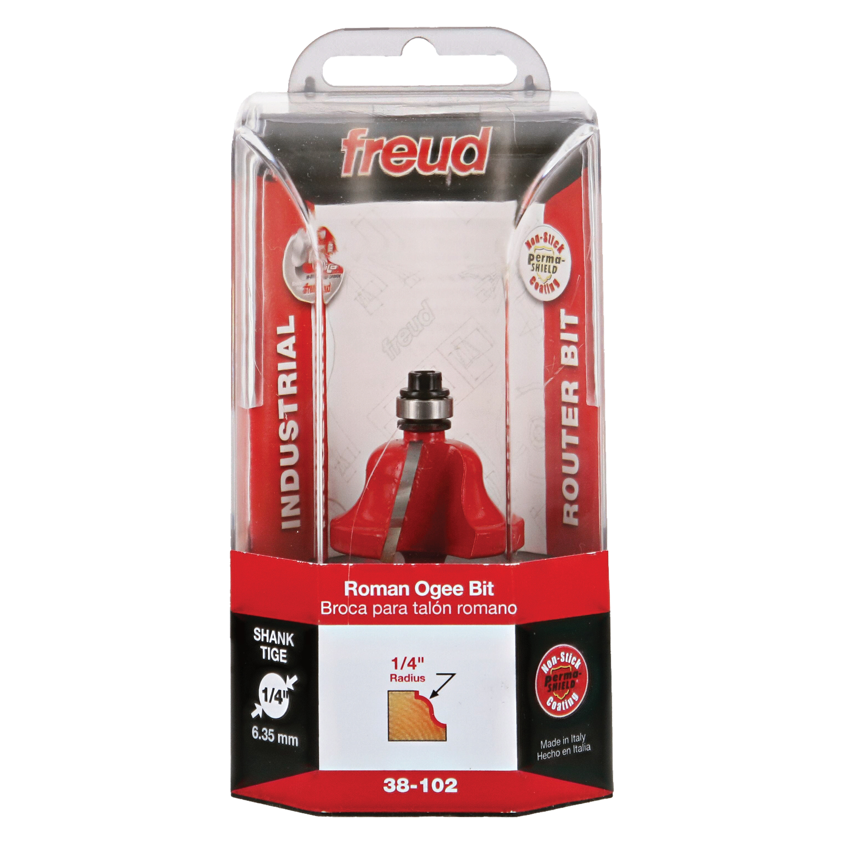 Freud 38-102 Roman Ogee router bit with red body, 1/4" shank, in clear plastic clamshell packaging.