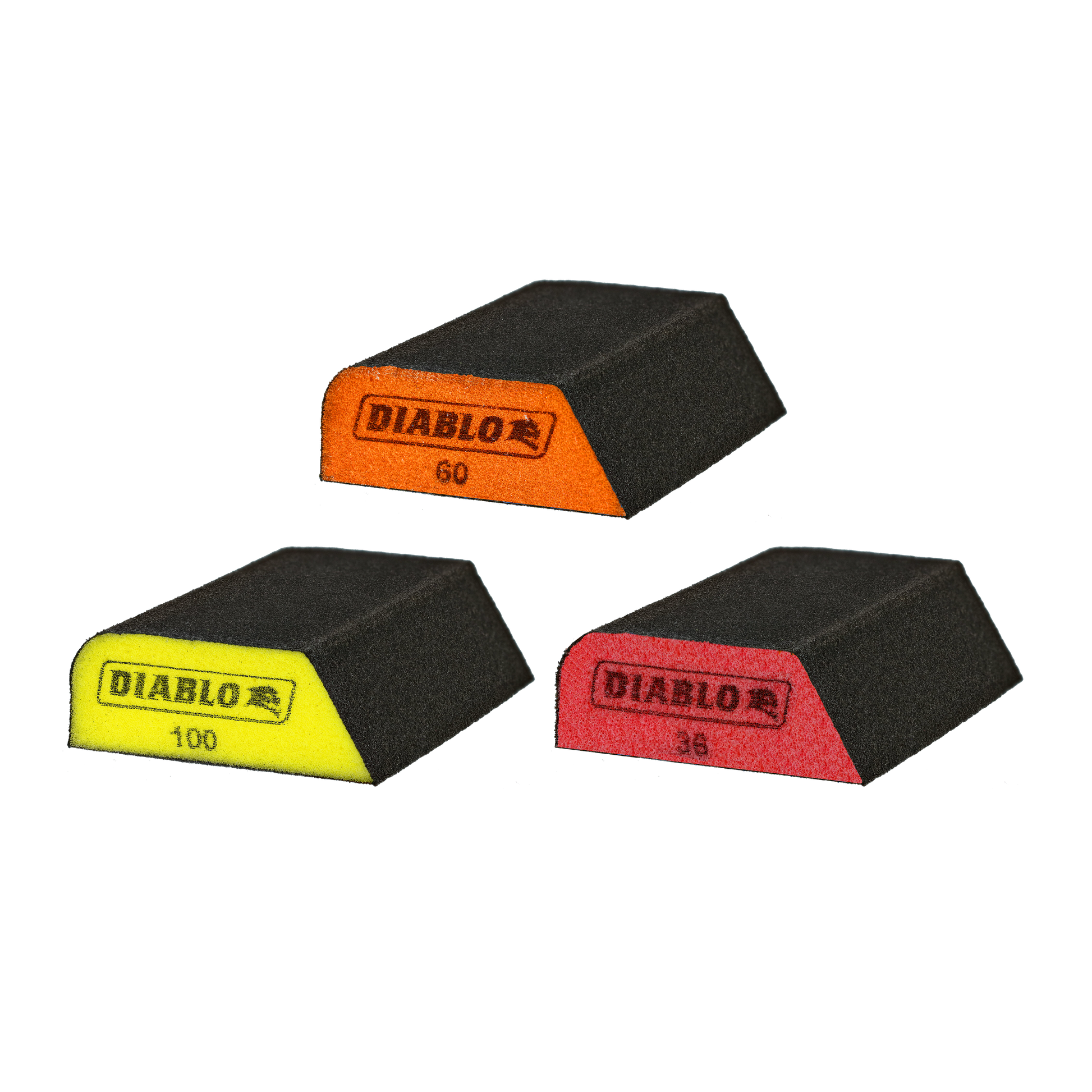 Three dual-edge sanding sponges with orange, yellow, and red grit surfaces labeled 60, 100, and 36.