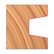 Wedge tongue and groove router bit with red cutting edge profile outlined on wood grain background.