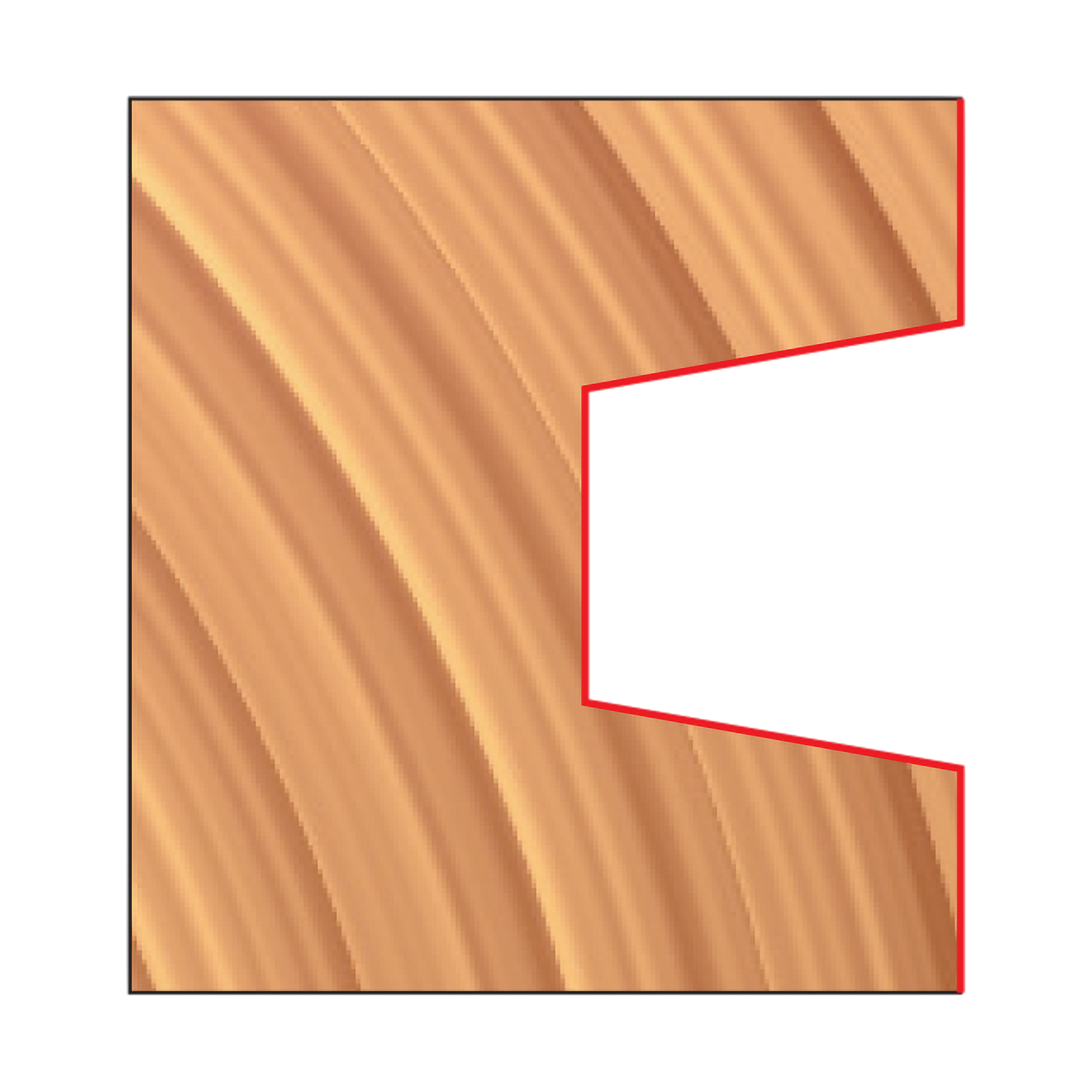 Wedge tongue and groove router bit with red cutting edge profile outlined on wood grain background.