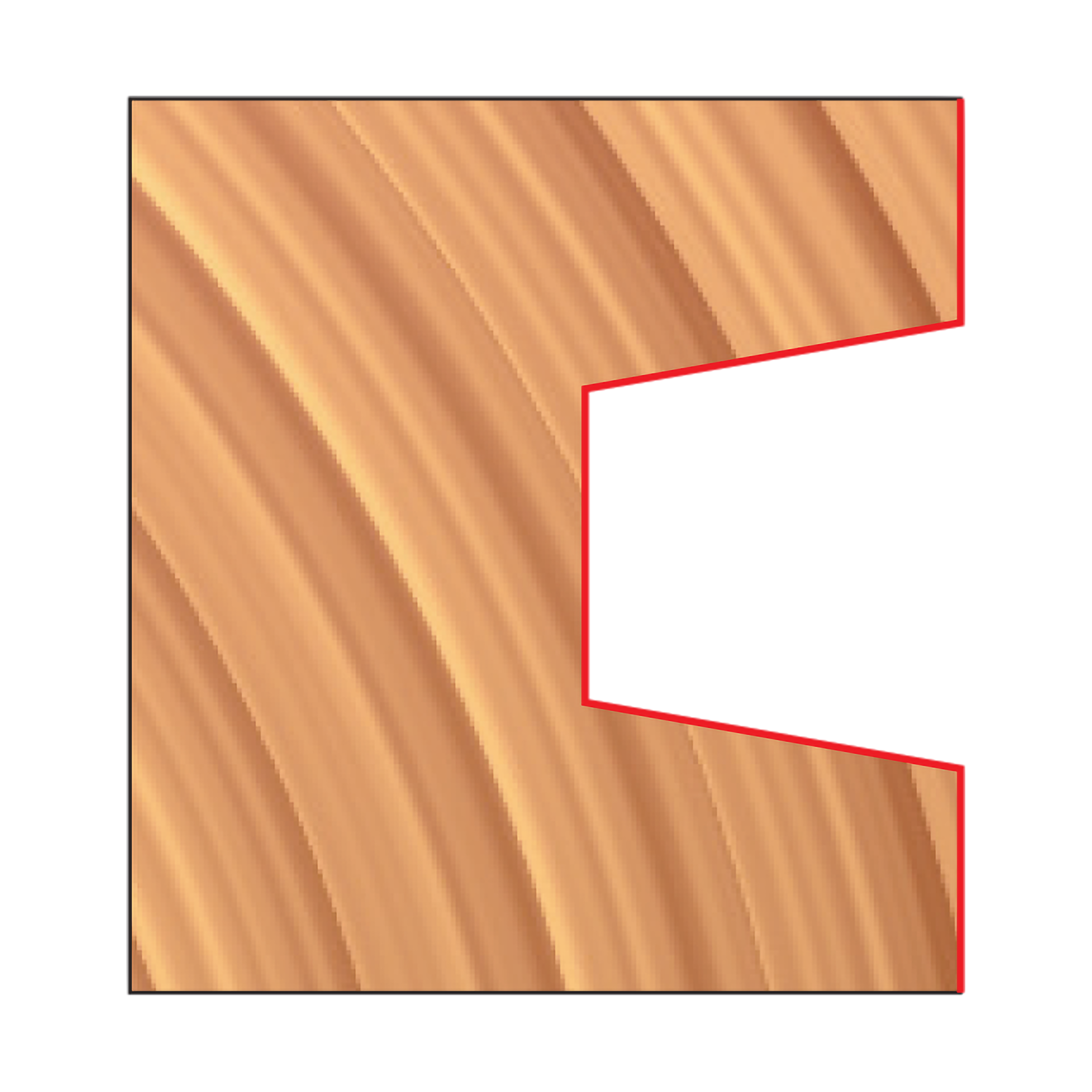 Wedge tongue and groove router bit with red cutting edge profile outlined on wood grain background.