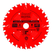 Red circular saw blade with 28 teeth, 160mm diameter, 20mm arbor, labeled Freud Industrial thin kerf general purpose.
