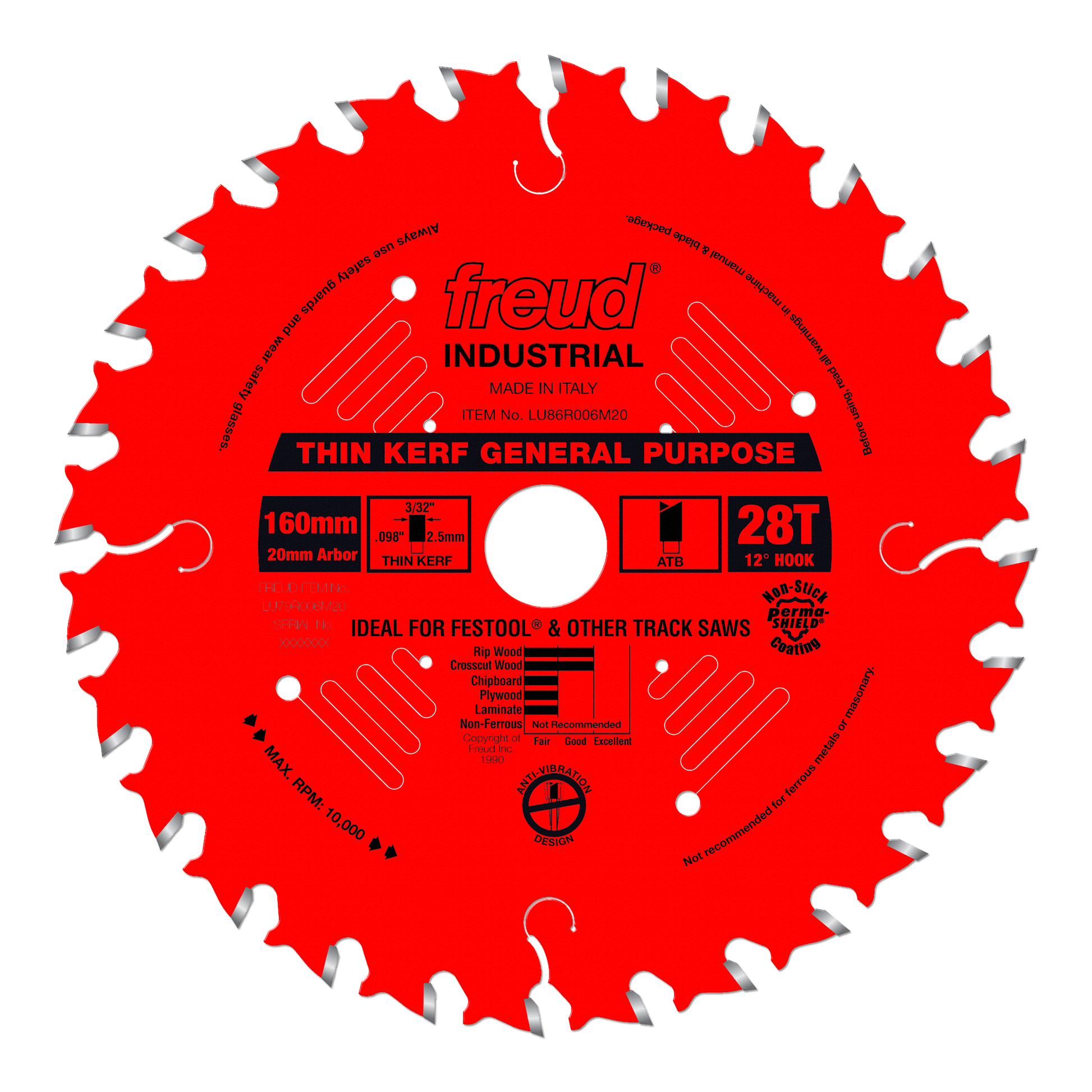 Red circular saw blade with 28 teeth, 160mm diameter, 20mm arbor, labeled Freud Industrial thin kerf general purpose.
