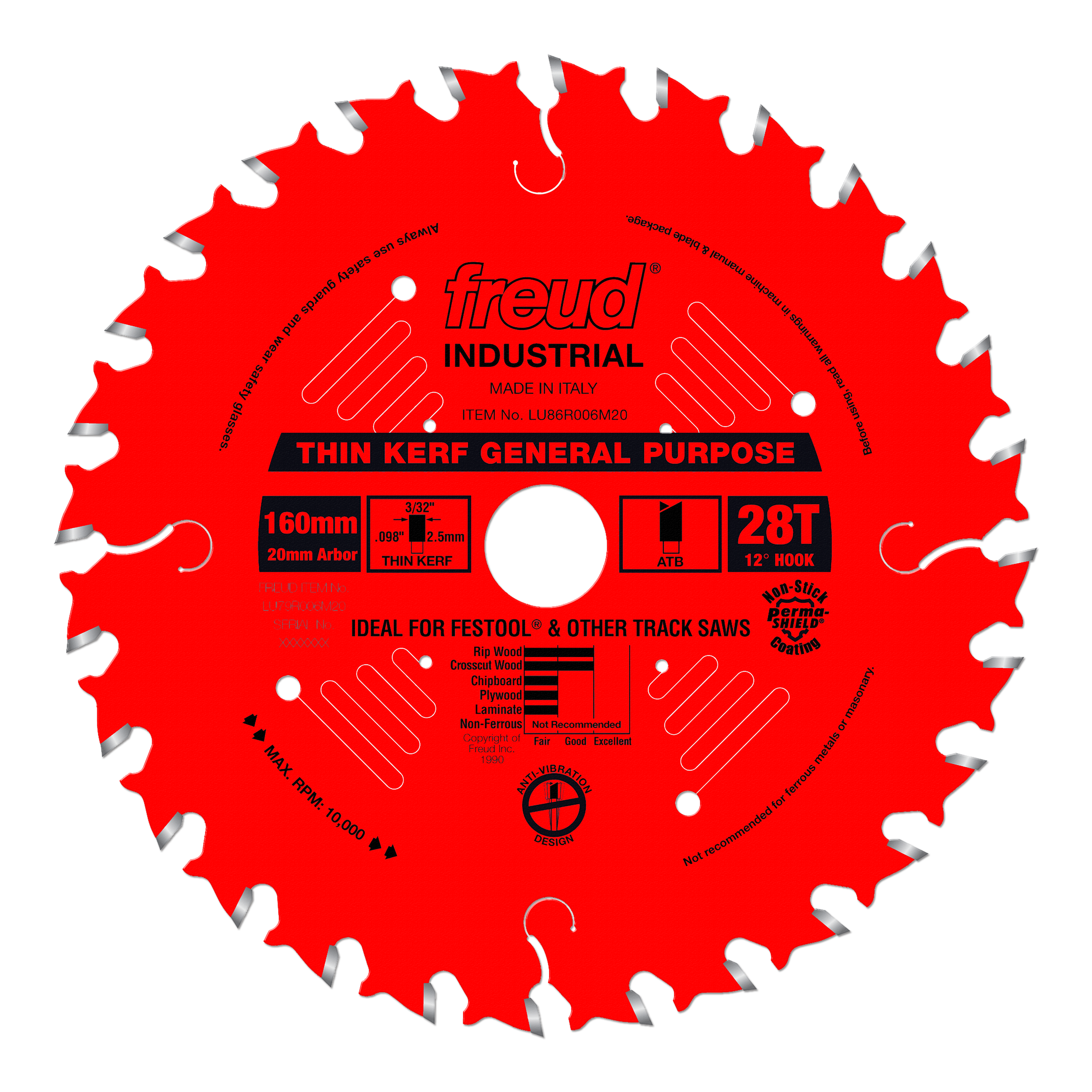 Red circular saw blade with 28 teeth, 160mm diameter, 20mm arbor, labeled Freud Industrial thin kerf general purpose.