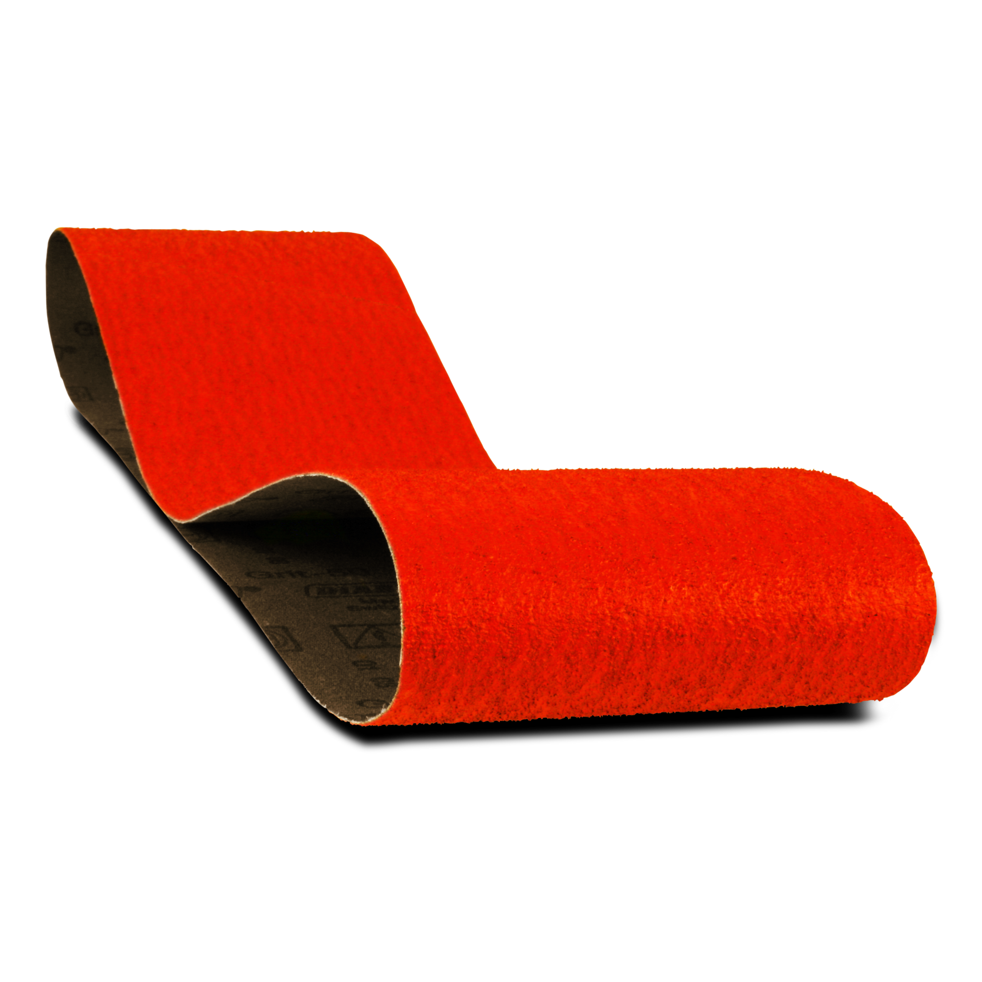 Red sanding belt with black backing, 4 inches wide by 36 inches long, 50 grit abrasive surface.