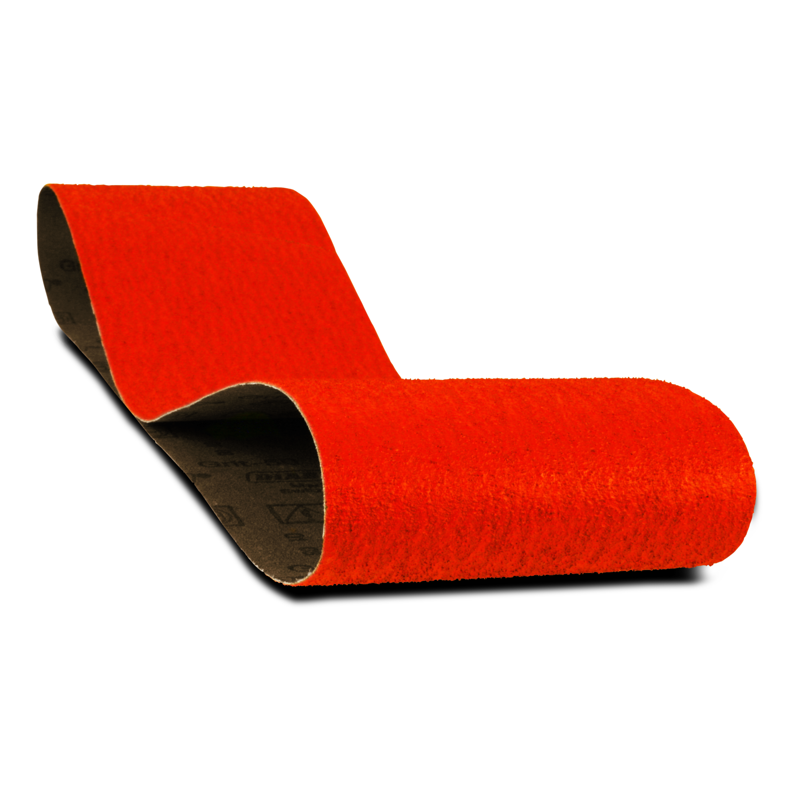 Red sanding belt with black backing, 4 inches wide by 36 inches long, 50 grit abrasive surface.