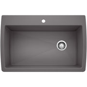 Cinder gray drop-in kitchen sink with single rectangular bowl, chrome drain strainer, and faucet hole.