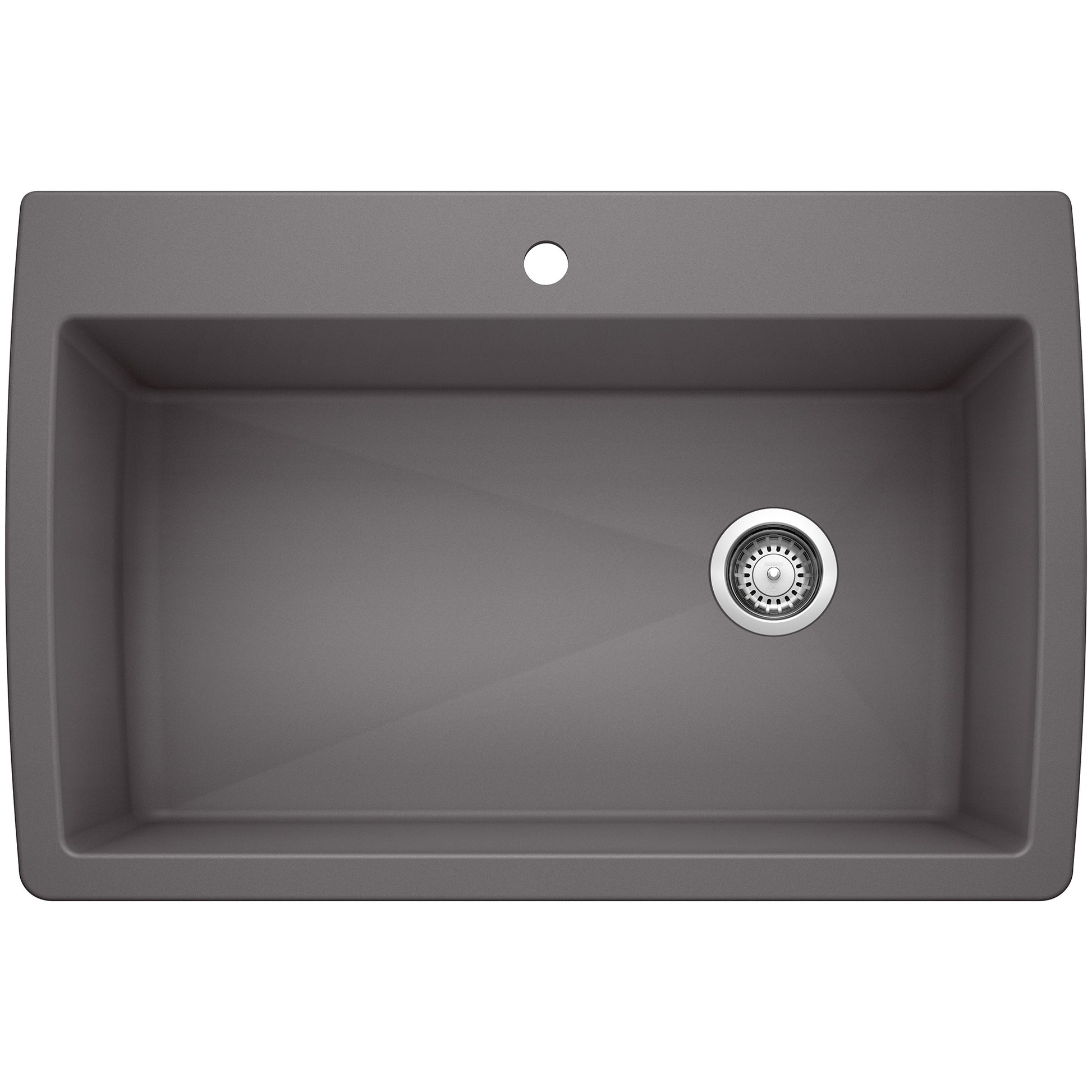 Cinder gray drop-in kitchen sink with single rectangular bowl, chrome drain strainer, and faucet hole.