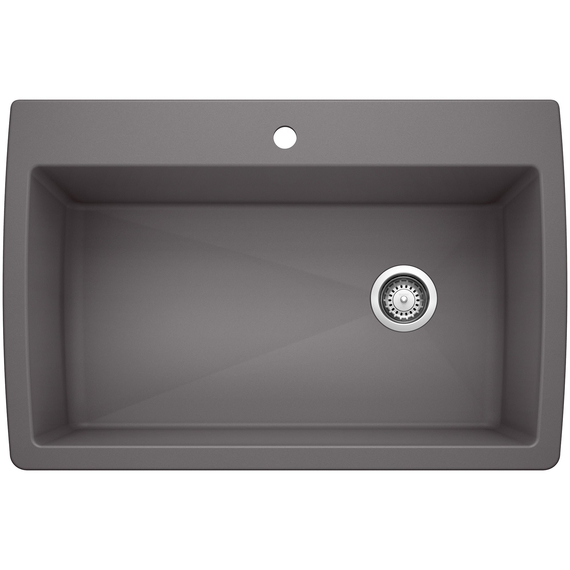 Cinder gray drop-in kitchen sink with single rectangular bowl, chrome drain strainer, and faucet hole.
