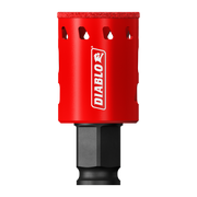 Red cylindrical hole saw with diamond grit coating and black hex shank, featuring ventilation holes and Diablo branding.
