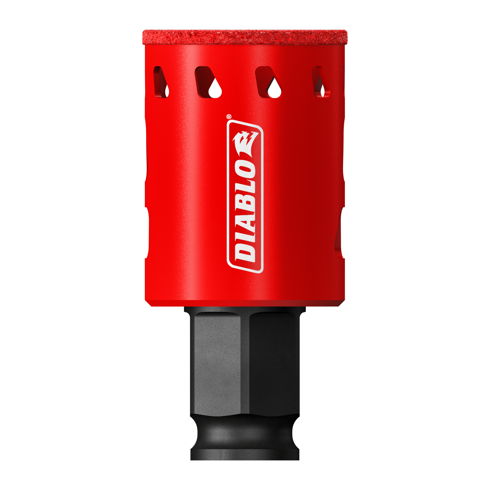 Red cylindrical hole saw with diamond grit coating and black hex shank, featuring ventilation holes and Diablo branding.