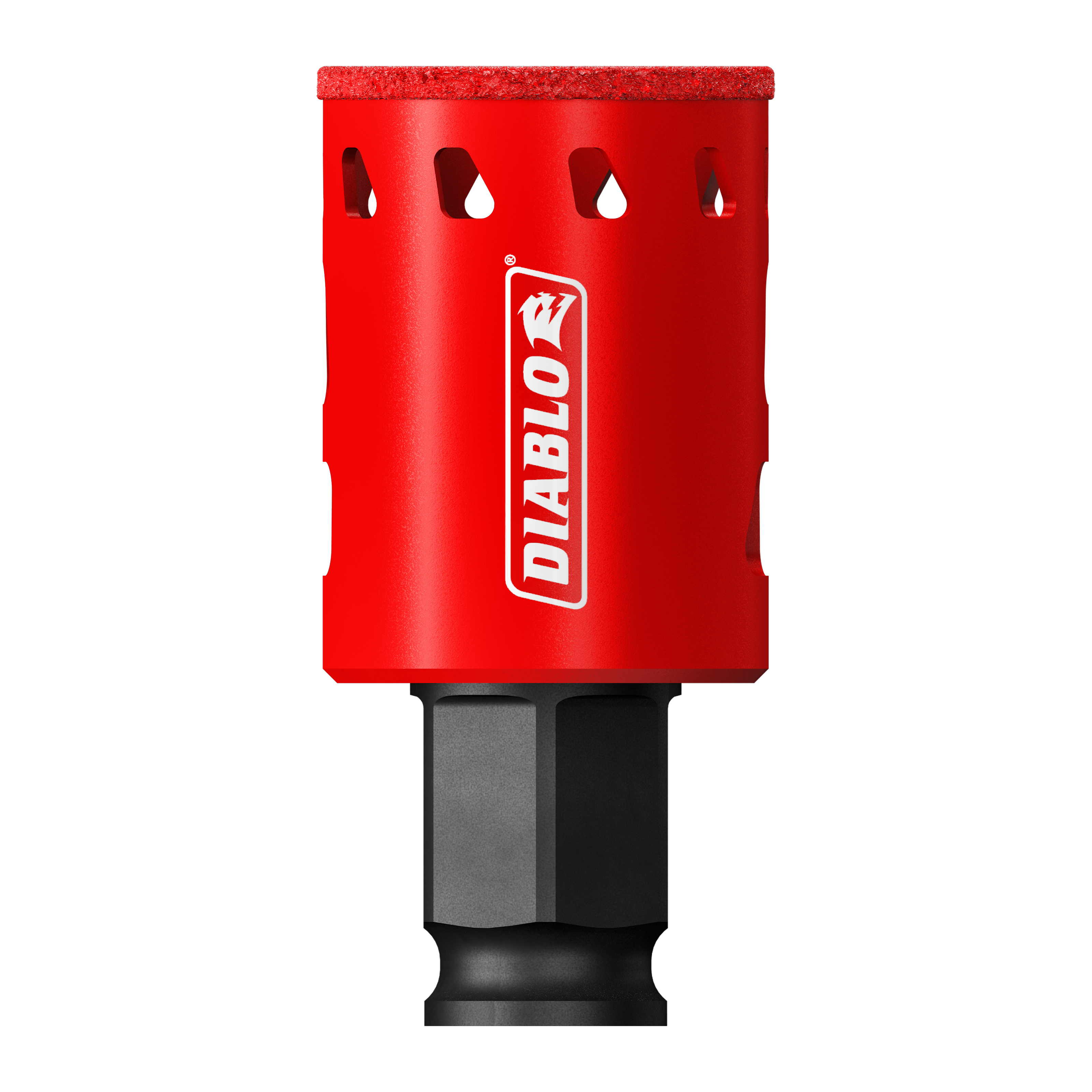 Red cylindrical hole saw with diamond grit coating and black hex shank, featuring ventilation holes and Diablo branding.