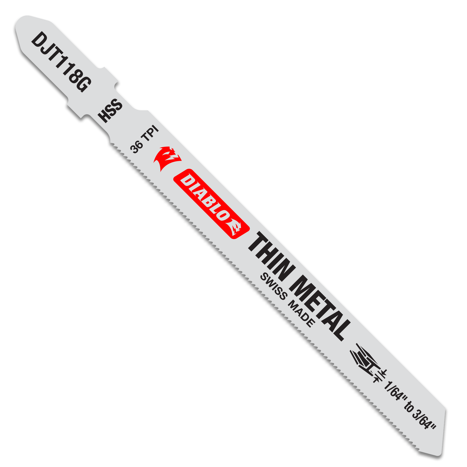 Diablo DJT18G high speed steel jig saw blade with T-shank, 36 TPI teeth, labeled for thin metal cutting.