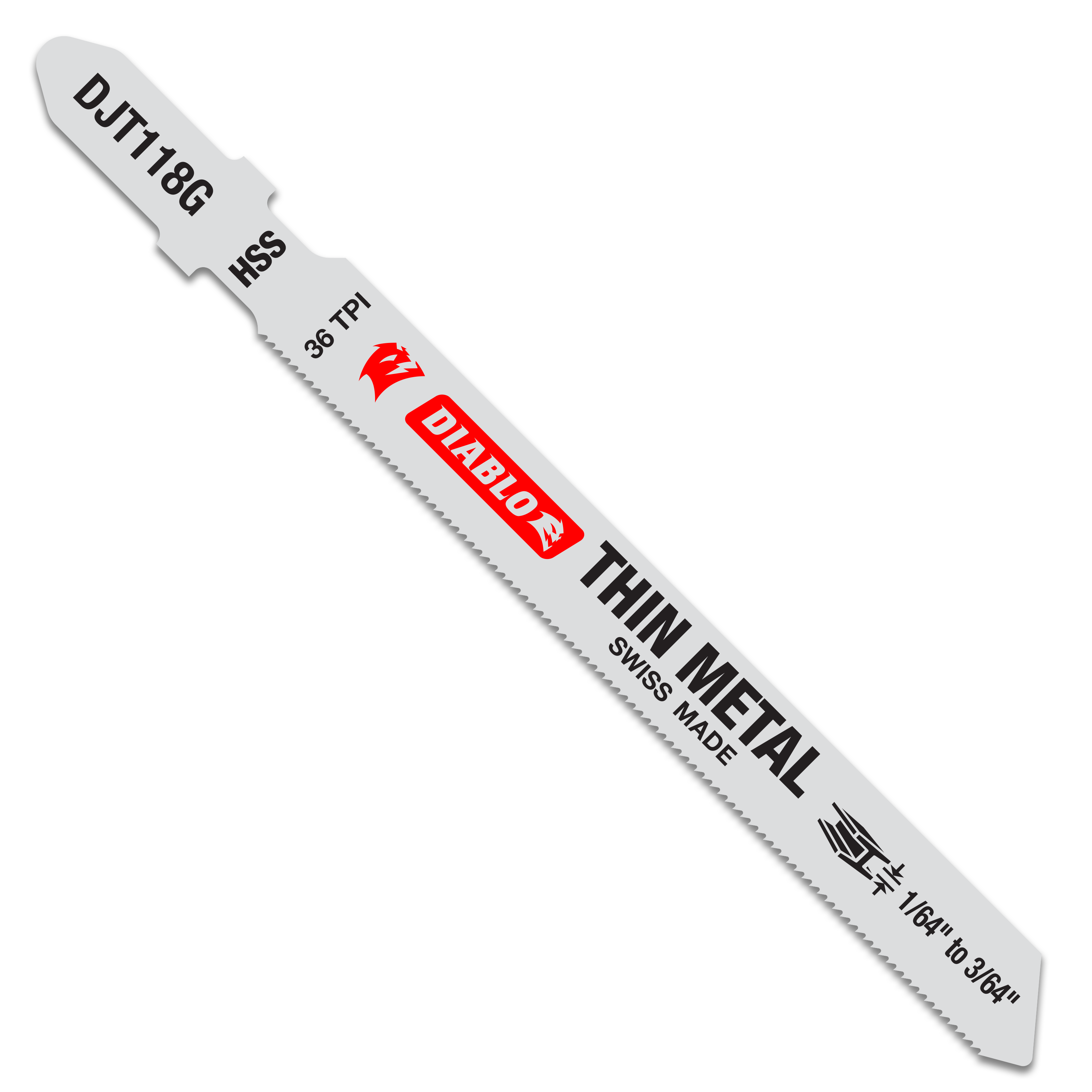 Diablo DJT18G high speed steel jig saw blade with T-shank, 36 TPI teeth, labeled for thin metal cutting.