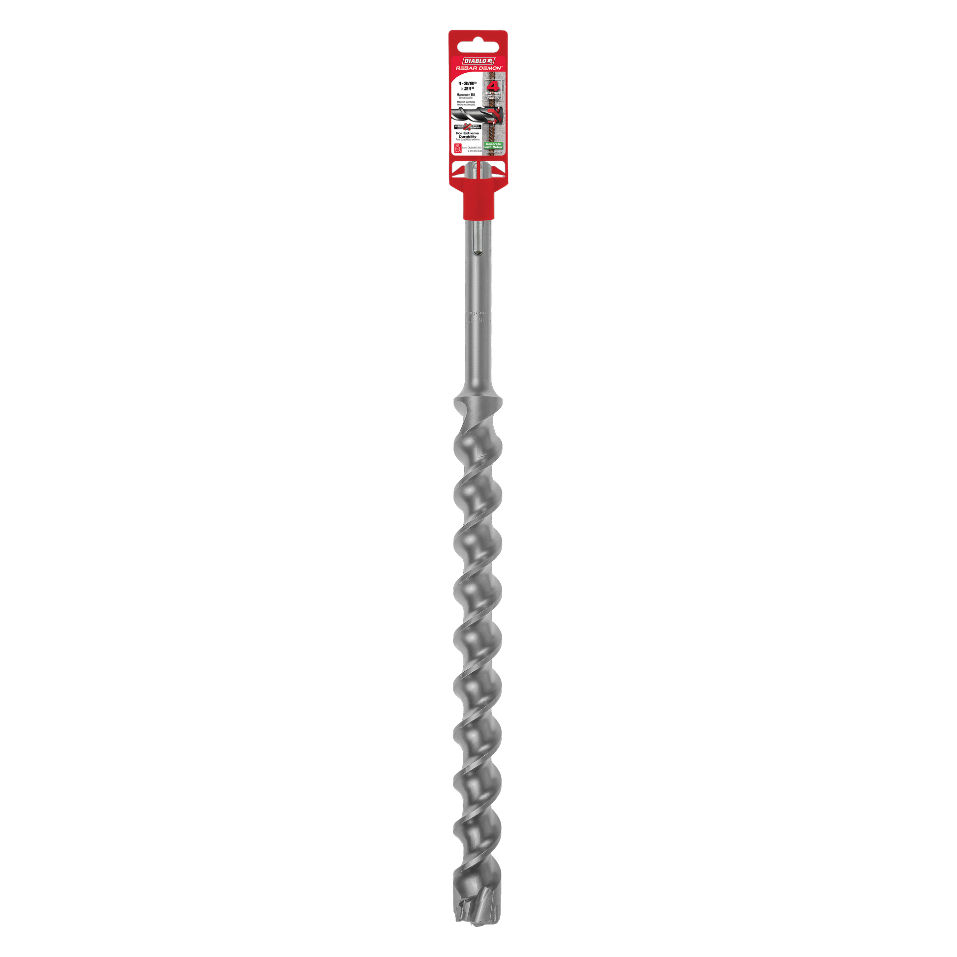 Gray SDS-Max hammer drill bit with spiral flutes and carbide-tipped head, attached to red packaging label.