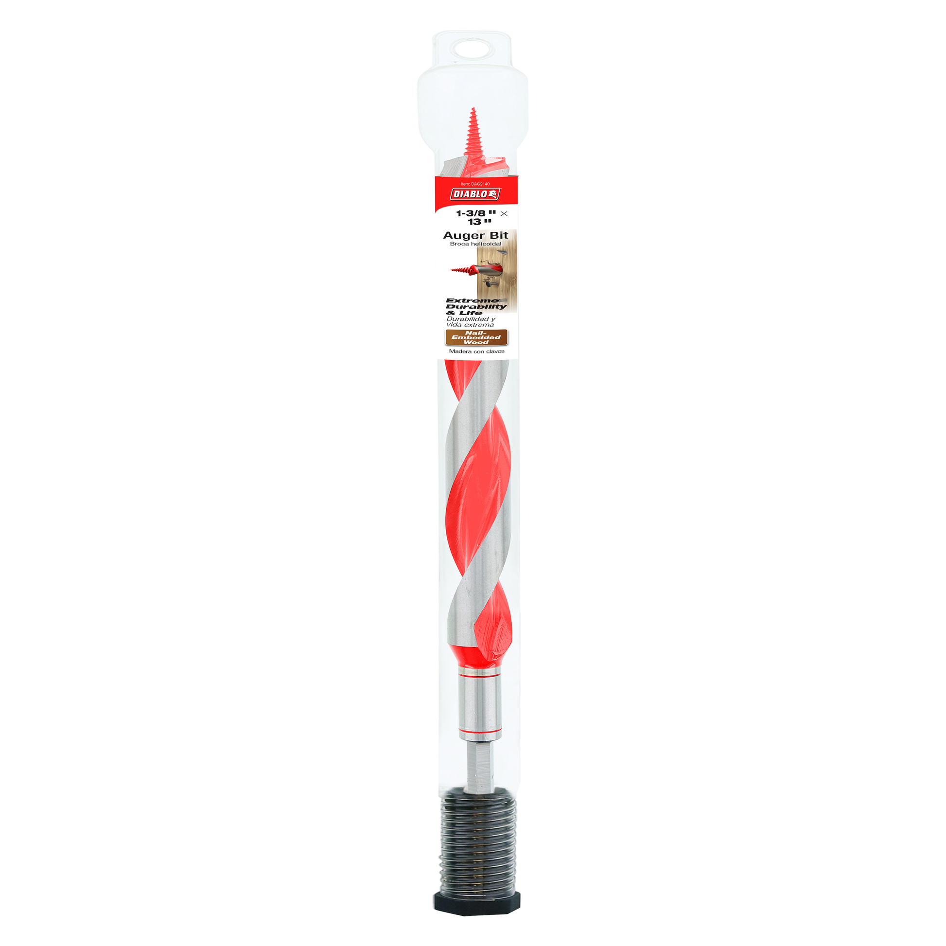 Diablo auger bit with red and gray twisted flutes, metal shaft, and threaded base in clear packaging.