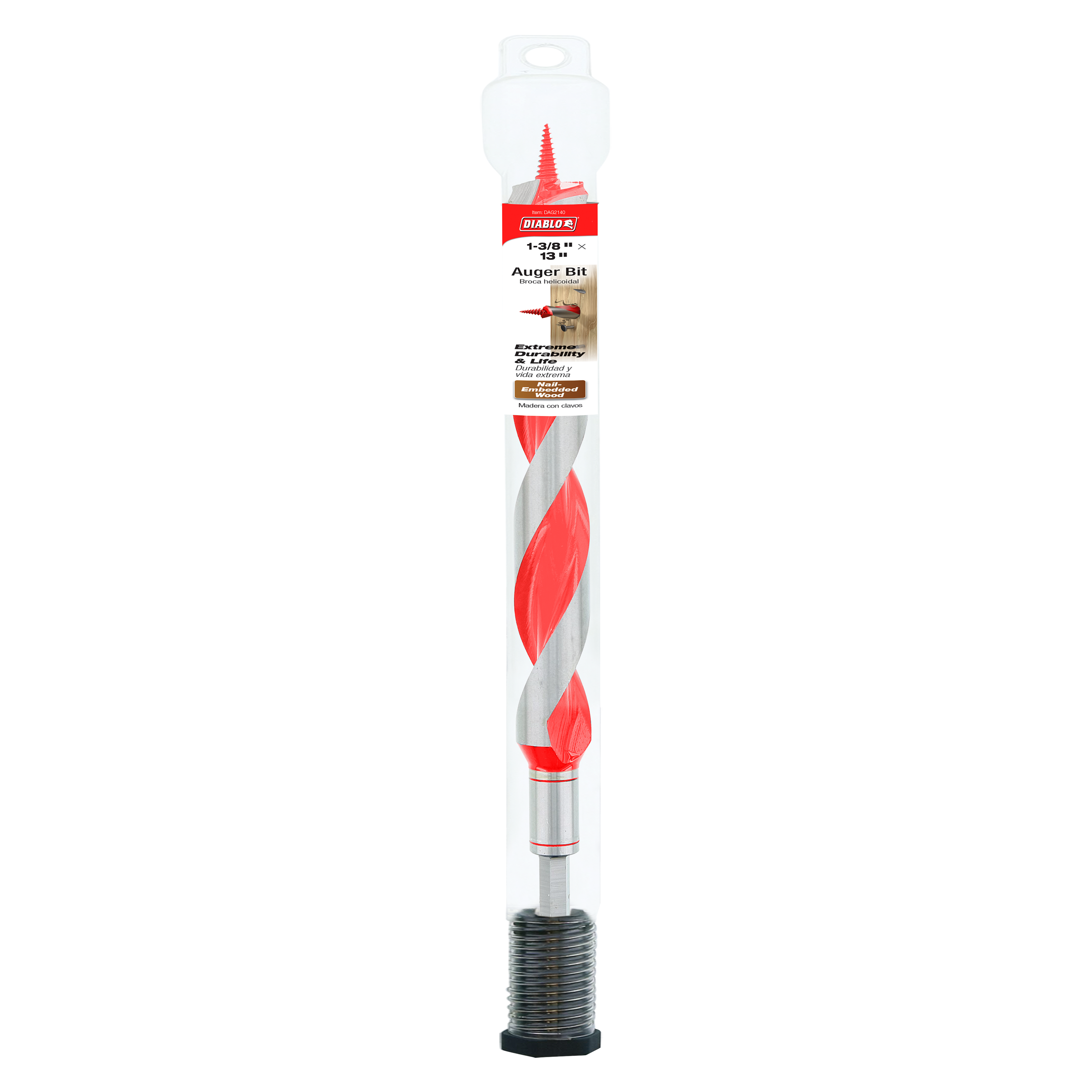 Diablo auger bit with red and gray twisted flutes, metal shaft, and threaded base in clear packaging.