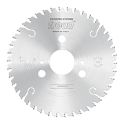 Freud 215mm conical scoring saw blade with multiple mounting holes and angled cutting teeth around the perimeter.