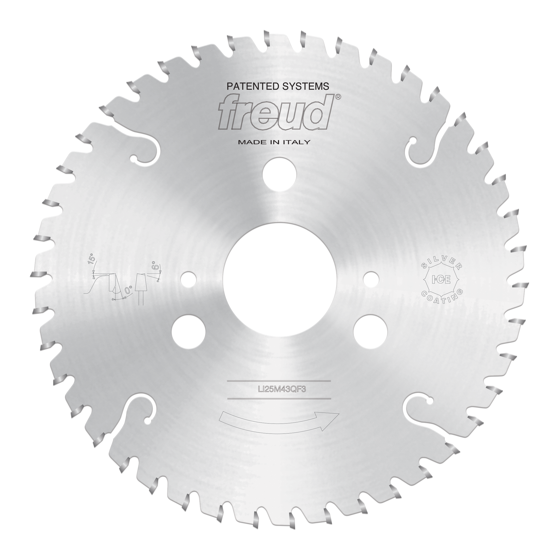 Freud 215mm conical scoring saw blade with multiple mounting holes and angled cutting teeth around the perimeter.